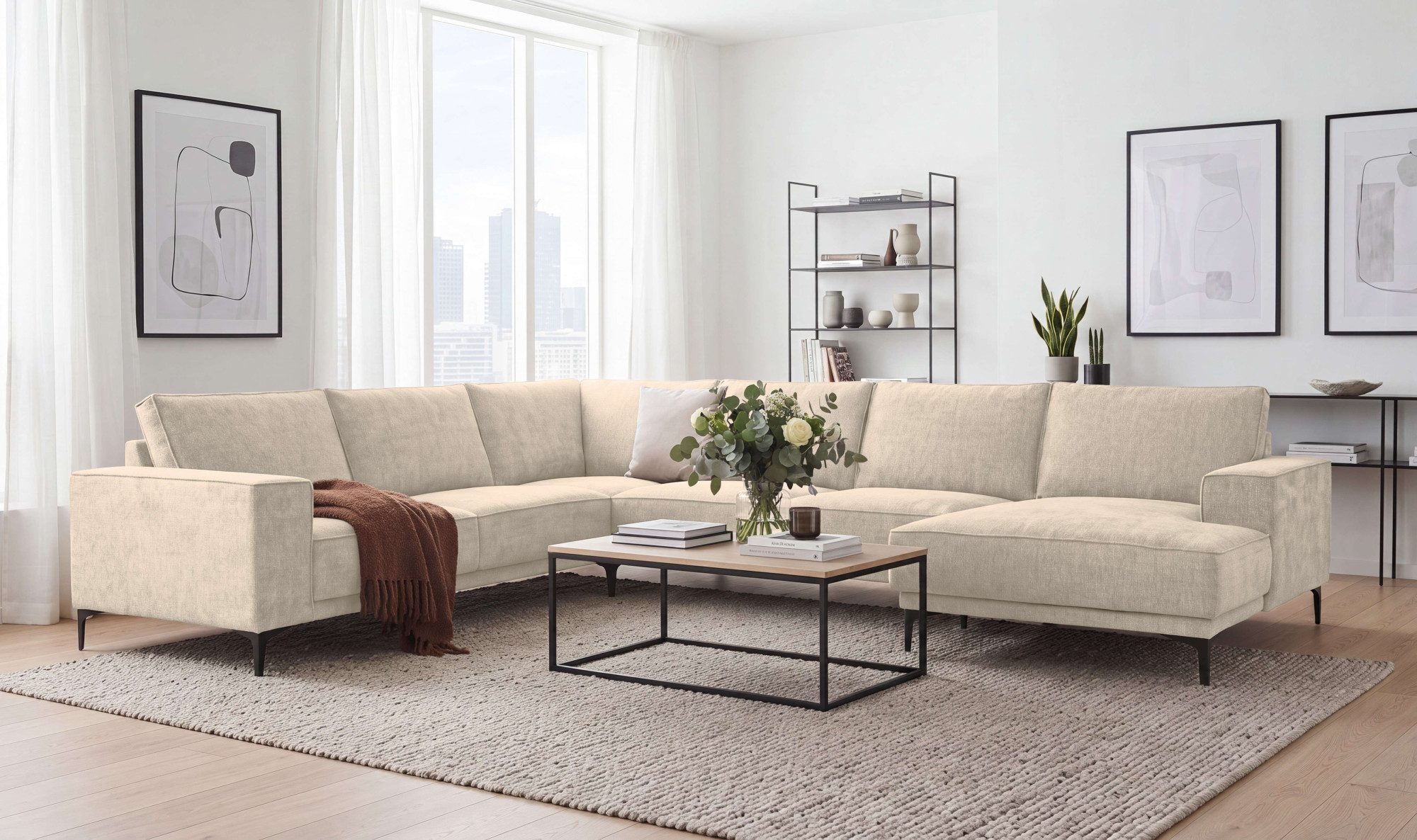 OTTO home Wohnlandschaft OLAND U-Form, XXL, B: 342 cm, Skandi-Design, Chenille, Skandi-Design in Struktur, Flachgewebe, Luxus-Microfaser, Boucle