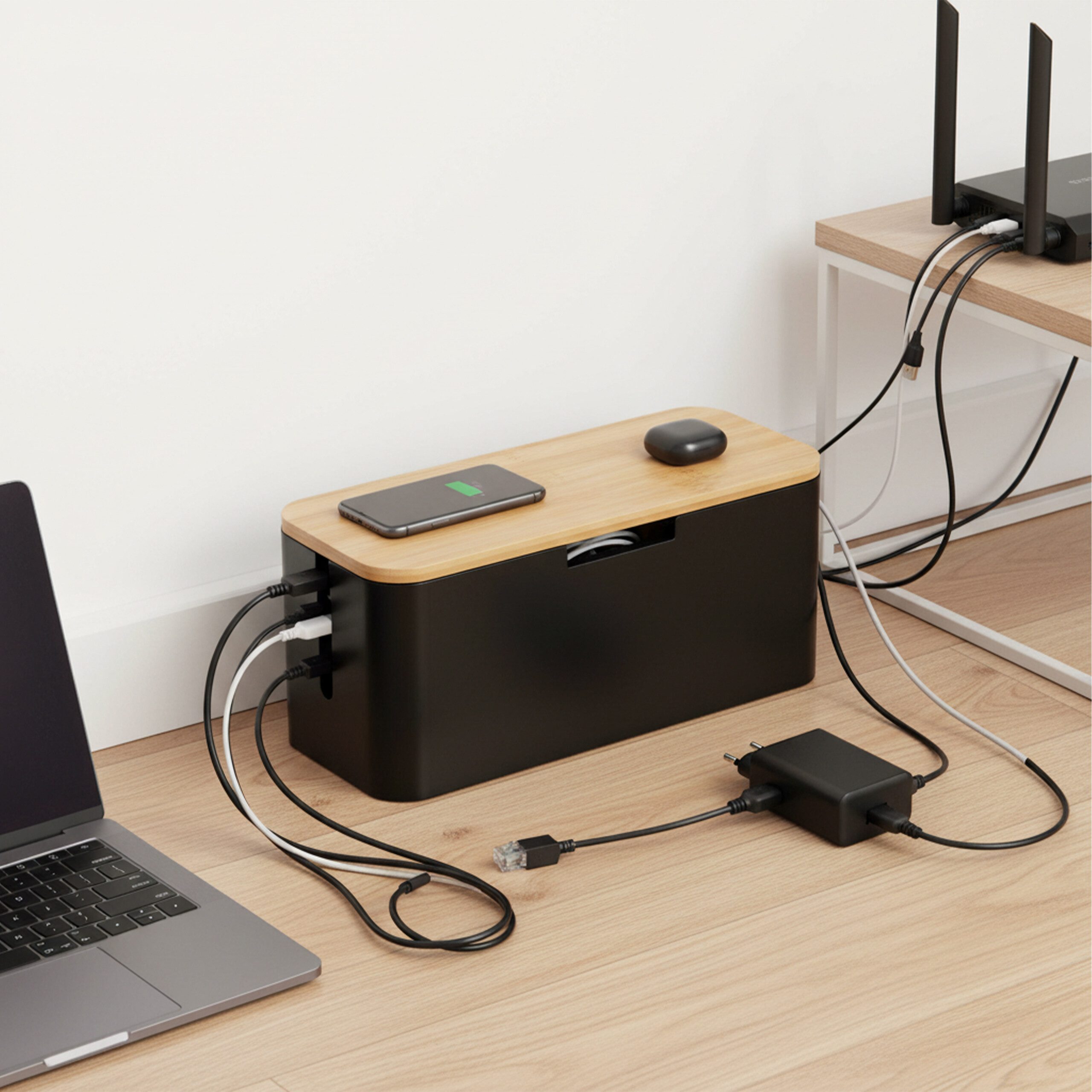 relaxdays Kabelbox aus Bambus, Natur-Schwarz