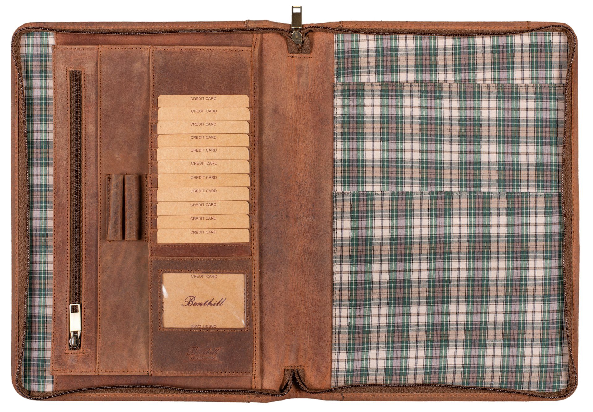 Benthill Aktenmappe A4 Mappe Arbeitsmappe Konferenzmappe Echt Leder Schreibmappe, Kartenfächer Münzfach Reißverschlussfach