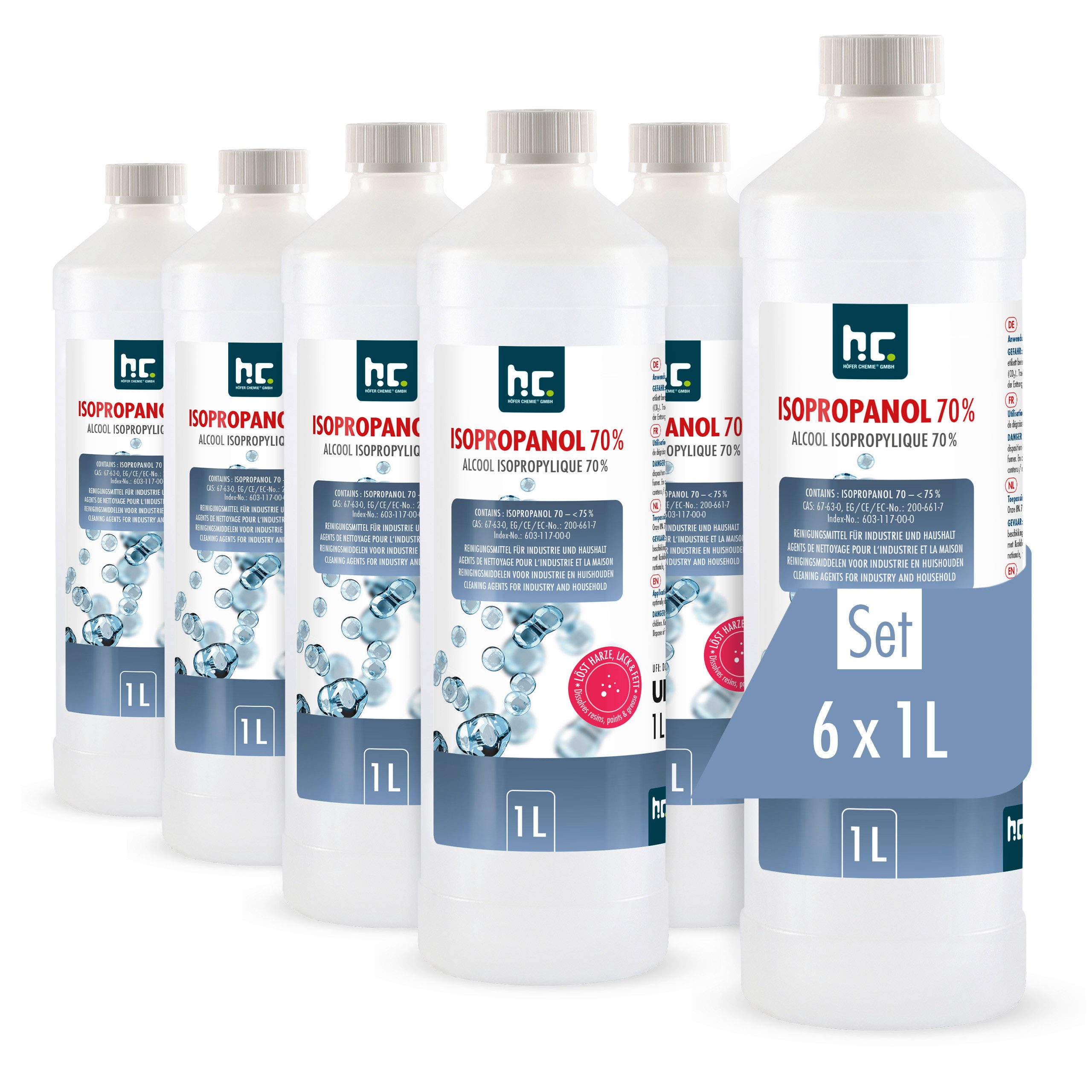 Höfer Chemie GmbH 6x 1 Liter Isopropanol 70% Grundreiniger (Reinigt und entfettet zuverlässig)