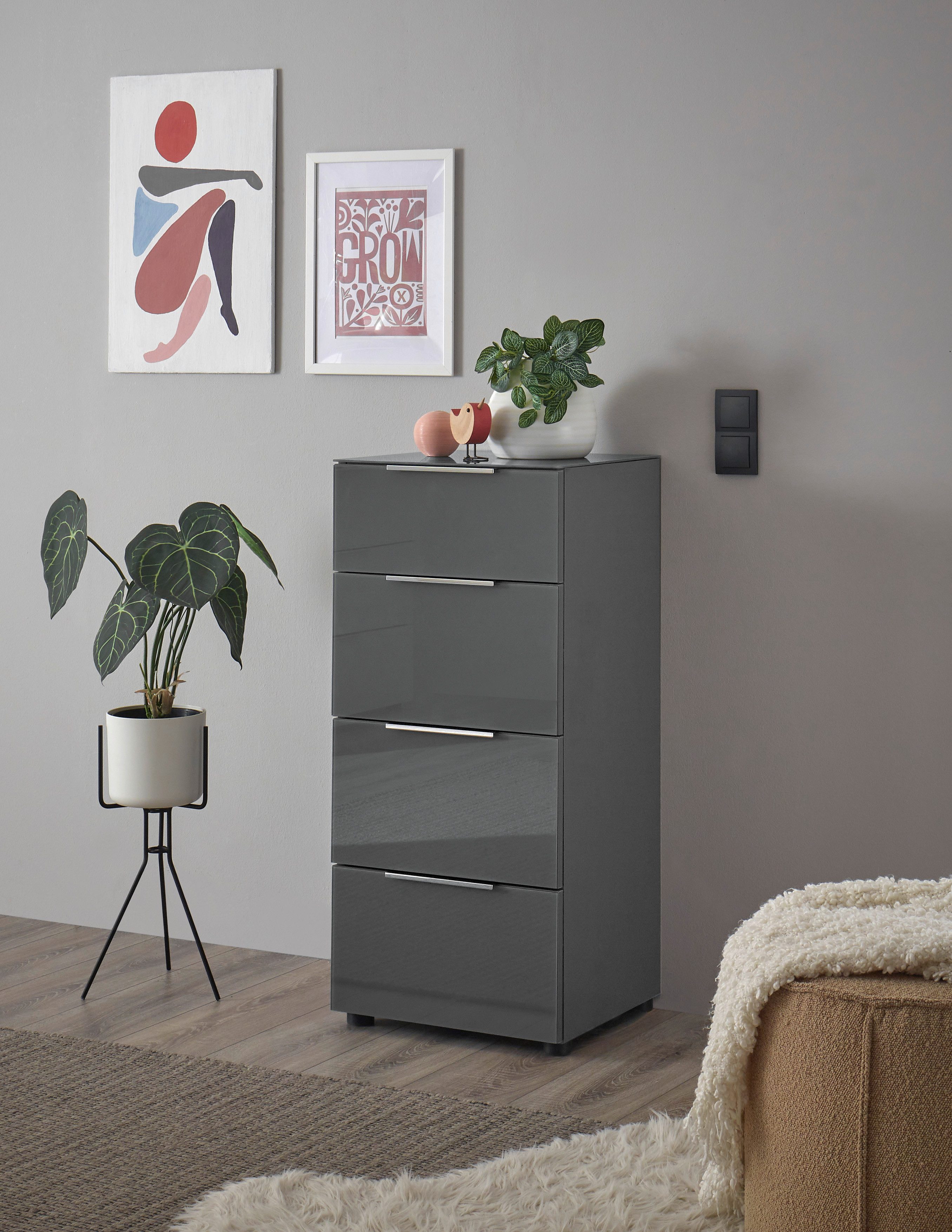HBZ Kommode Santorin Mehrzweckschrank mit Schubkästen, BxHxT 45x99x40 cm (1 St), Mit 4 Schubkästen mit Softclose, Glasfront und Glasoberboden