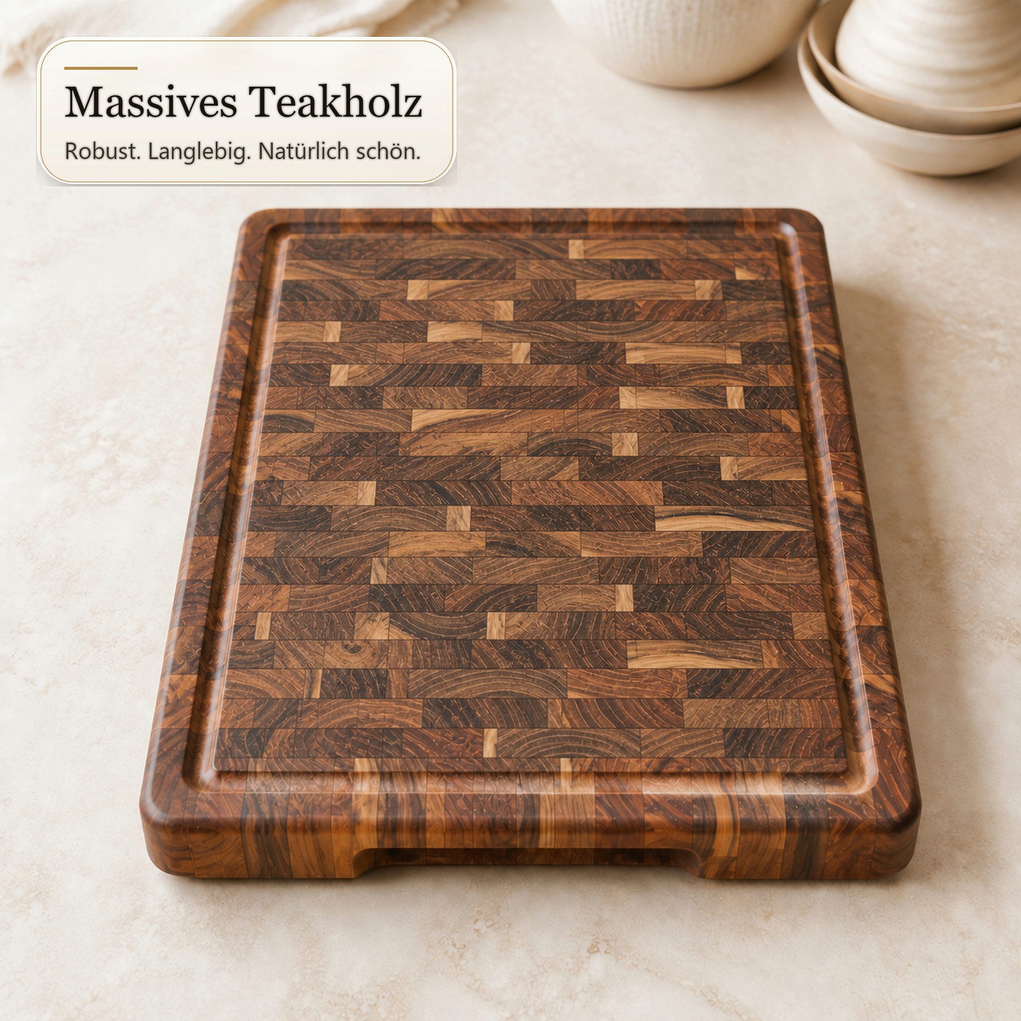 Floordirekt Schneidebrett Teak Royal Endgrain massives Teakholz mit Saftrille Griffmulden, (Einzelartikel, 1-teilig), Endgrain-Verarbeitung – Bild 3 von 5