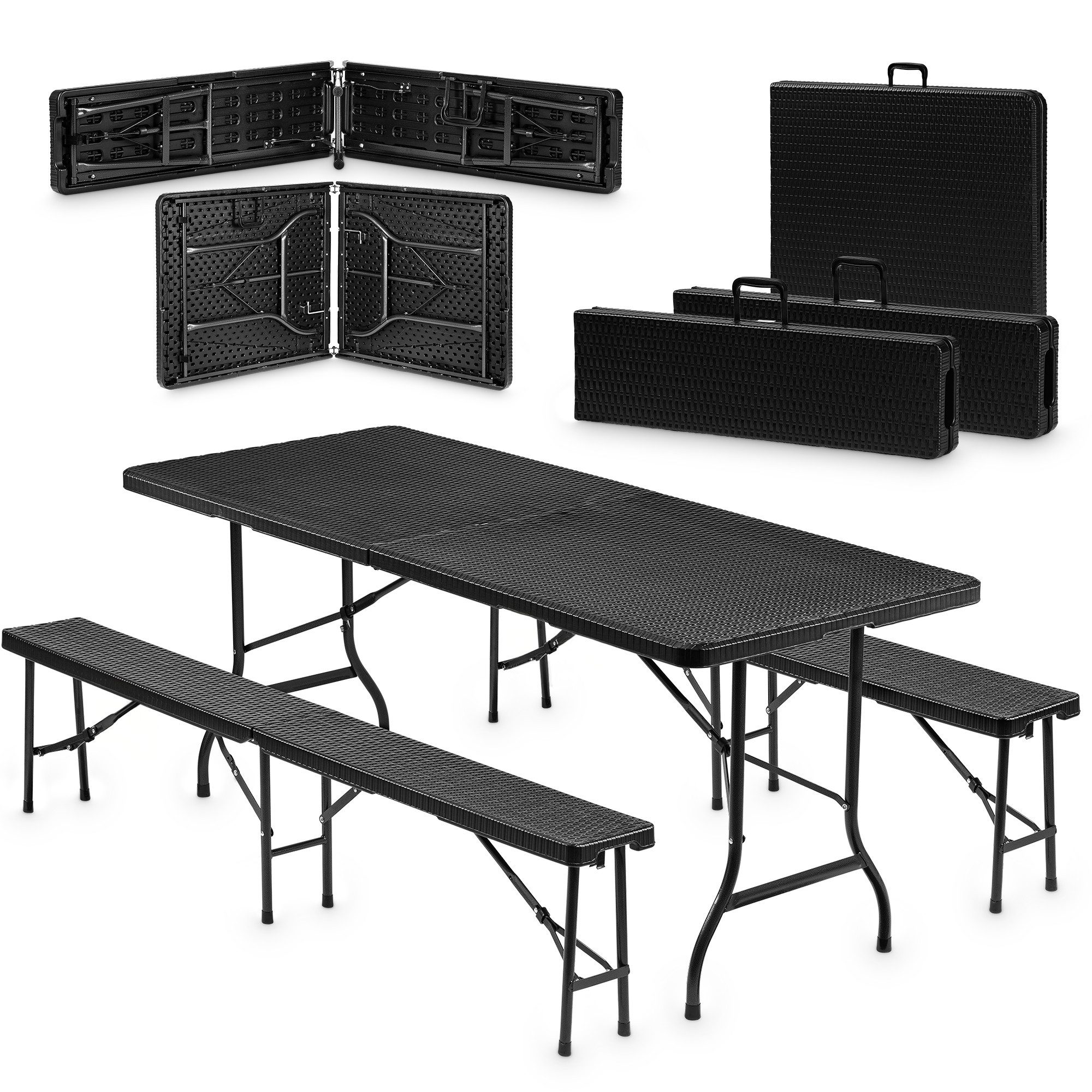 VESKA Bierzeltgarnitur 3-teilig Set Tisch + 2x Bank, wetterfest für drinnen und draußen, (klappbar mit Tragegriffen, Kunststoff, Gartengarnitur, Klapptisch), Gartentisch Länge 180 cm Rattan-Optik Schwarz
