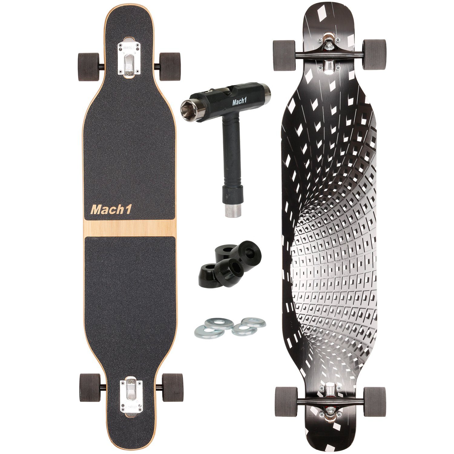 Mach1 Longboard aus Bambus mit Keramik Kugellager - Camber Drop Through Cruiser Board (Spar-Set inkl. T-Tool und extra Bushings, Longboard + T-Tool + 4er Set 85A Bushings), Twin Tip