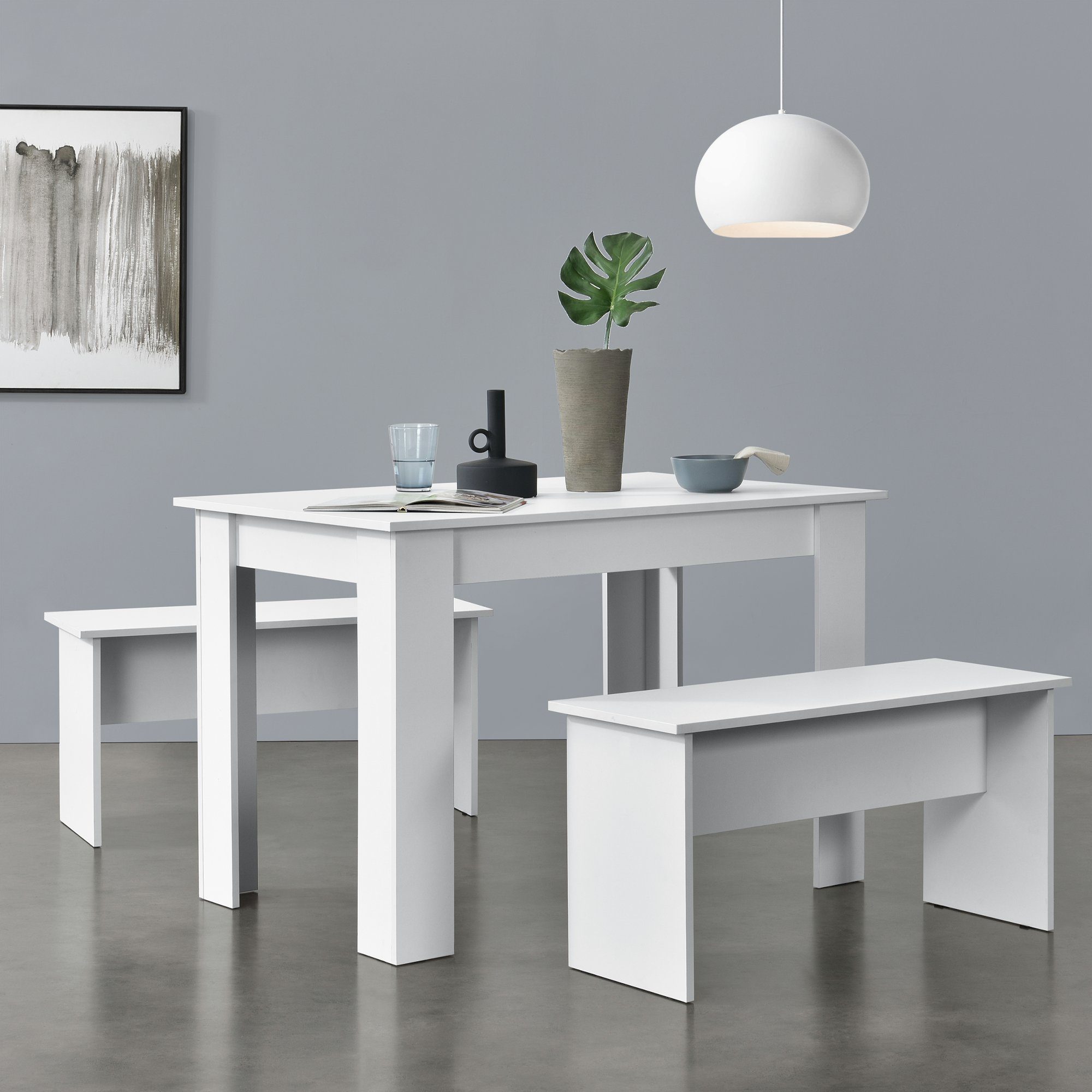 en.casa Essgruppe, (3-tlg), »Hokksund« Sitzgruppe Esstisch 110x70cm mit 2 Sitzbänken Weiß weiß | weiß