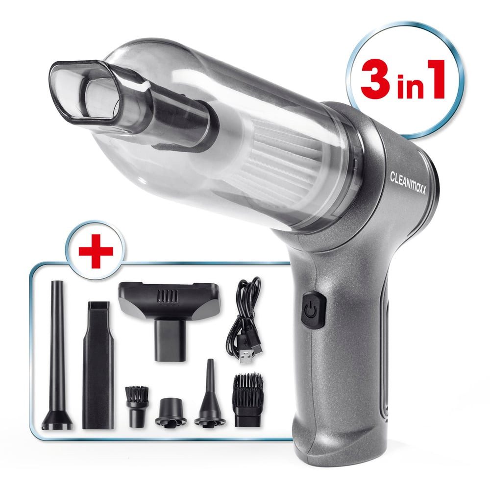 CLEANmaxx Akku-Handstaubsauger Saug-, Gebläse- & Vakuumierfunktion, 50 W, beutellos, 3-in-1 Funktion Handstaubsauger Kabellos Mini Staubsauger 7 Aufsätze