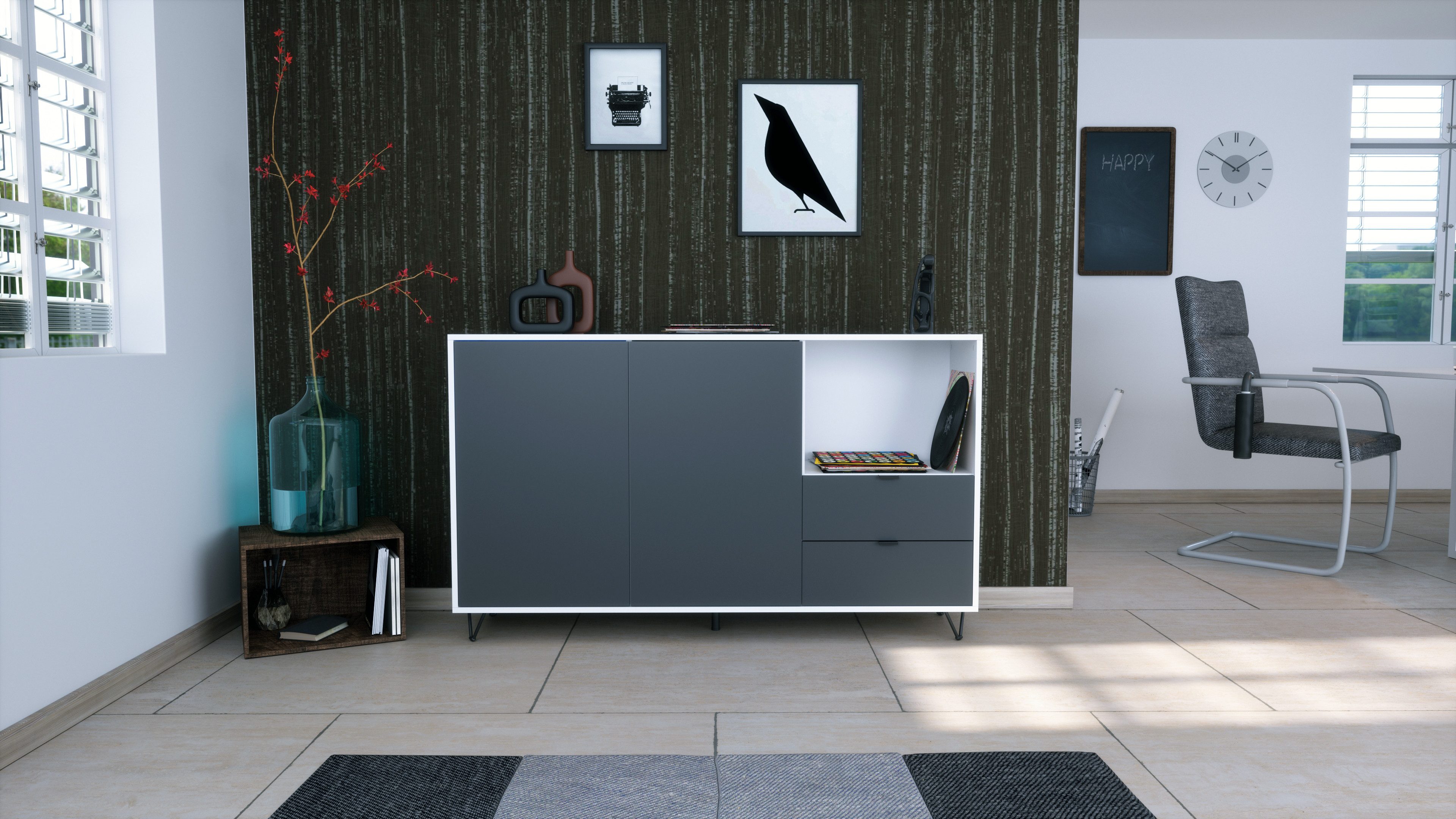 Vladon Sideboard Marino (Kommode mit 2 Türen Anthrazit matt, 2 Schubladen Anthrazit matt, Made in Germany), Korpus Weiß matt (152,5 x 90,5 x 37 cm)