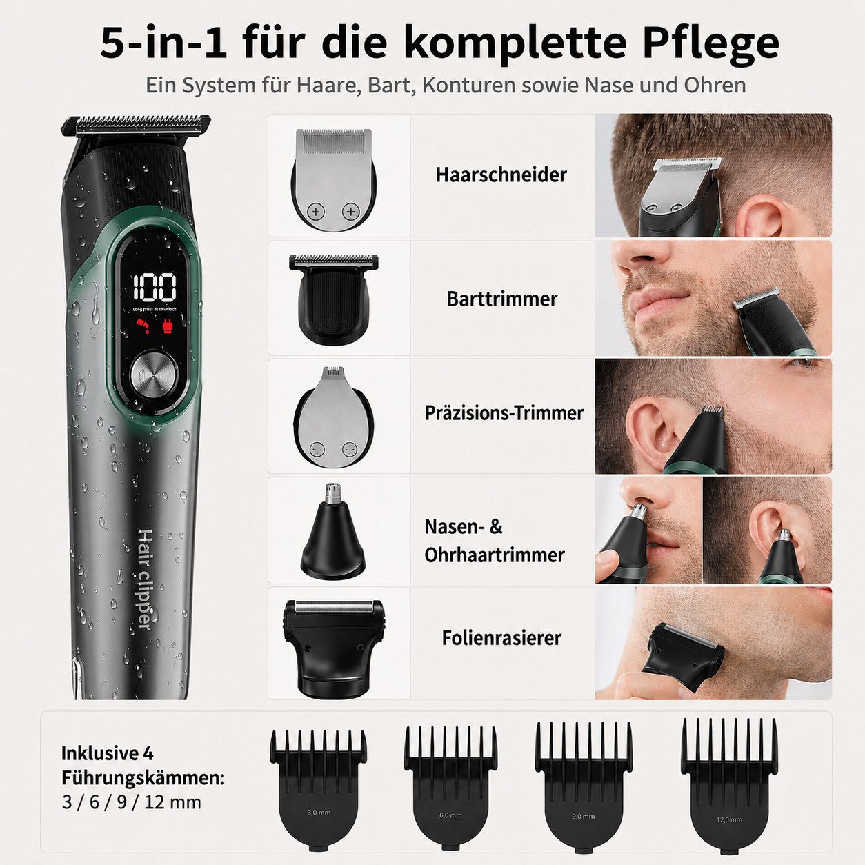 Tekoo Haarschneider Multigroomer Set 5-in-1 Haarschneider Barttrimmer Herren USB-C LED, Komplettes 15-teiliges Pflegeset, 5-in-1 System, R-förmige Sicherheitsklingen, Reisesicherung