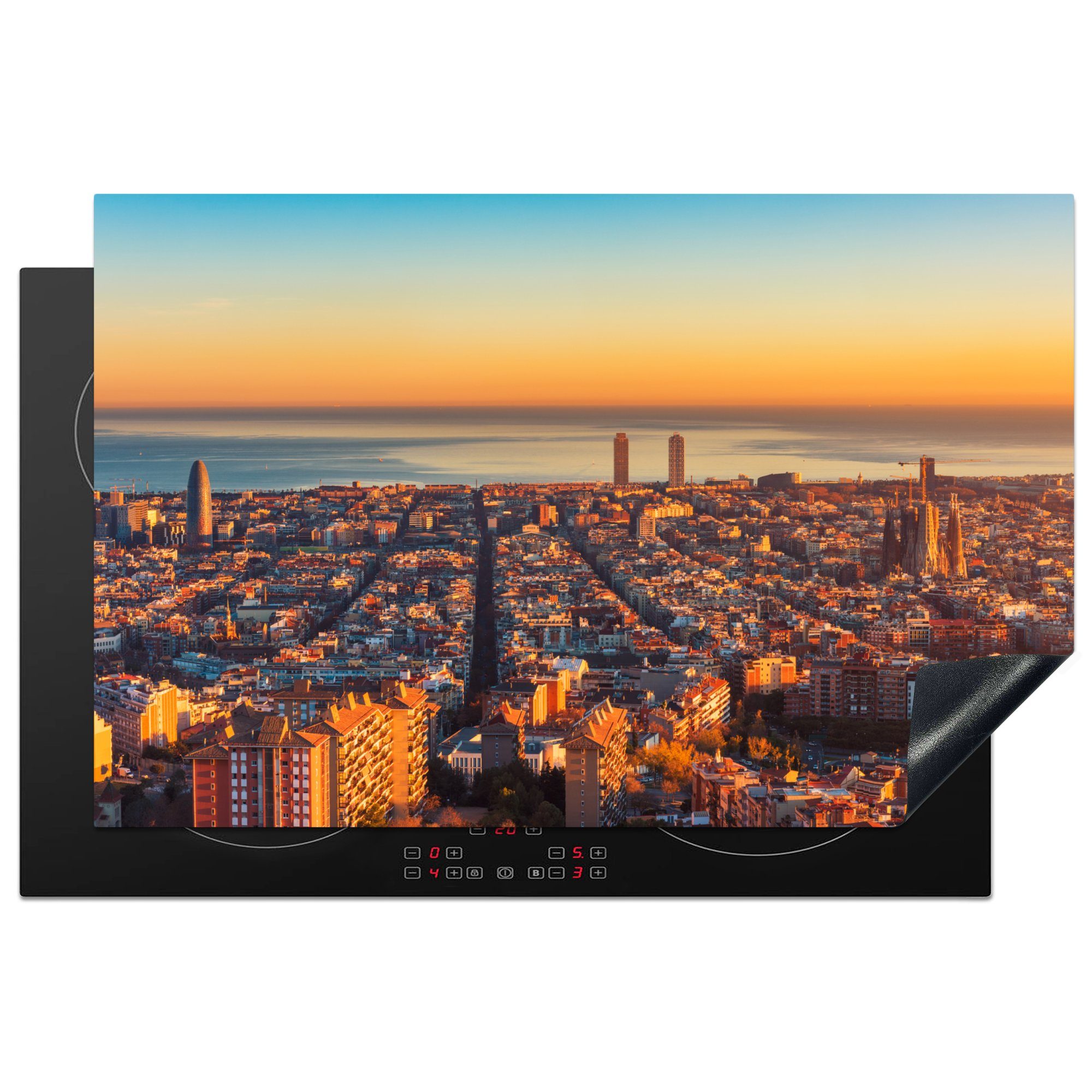 MuchoWow Herdblende-/Abdeckplatte Barcelona - Meer - Sonnenuntergang, Vinyl, (1 tlg), 81x52 cm, Induktionskochfeld Schutz für die küche, Ceranfeldabdeckung