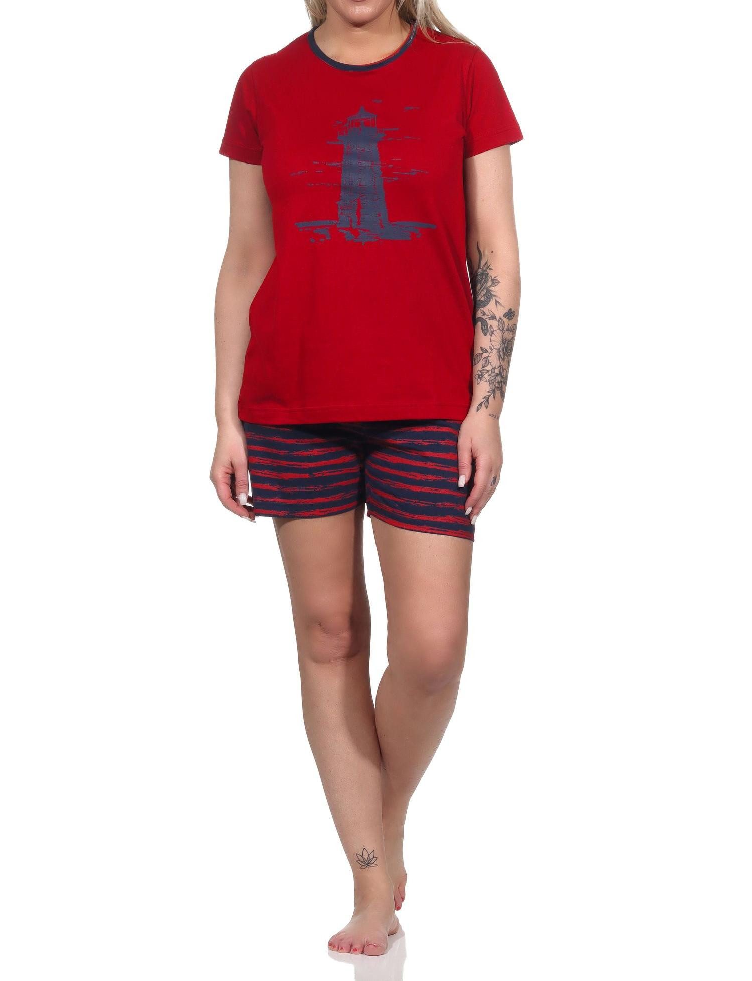 Normann Pyjama Damen kurzarm Shorty Pyjama mit Leuchtturm-Motiv maritim