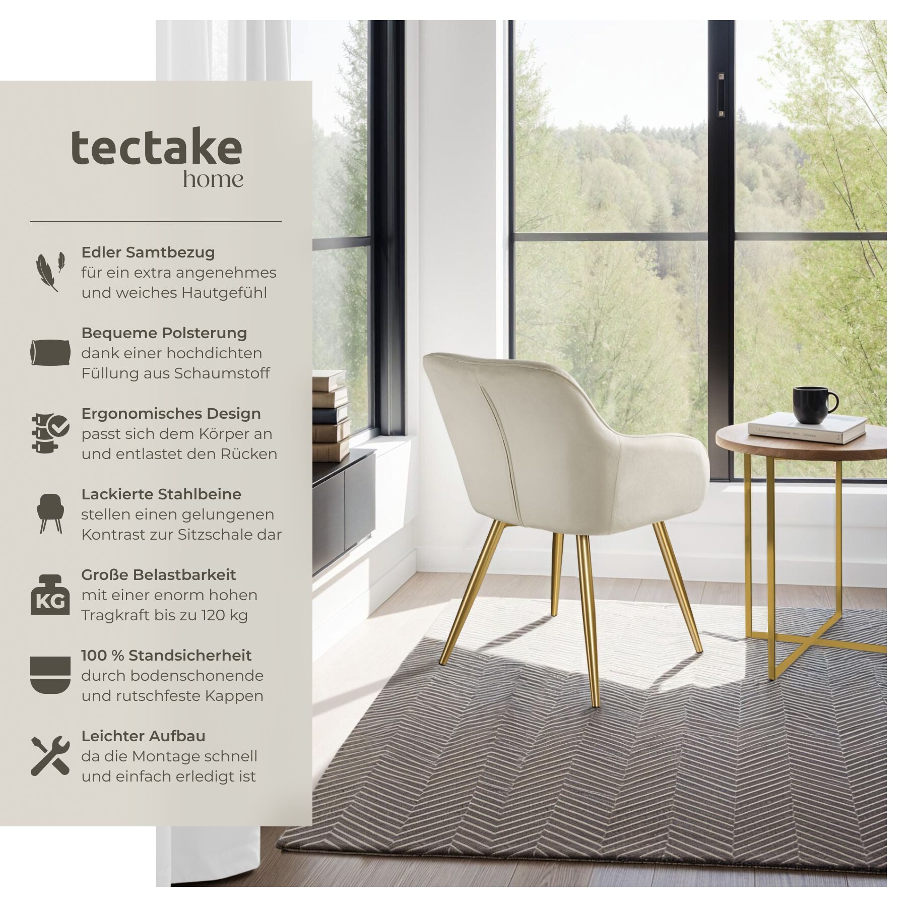 tectake Esszimmerstuhl Küchenstuhl Marilyn Samtoptik, goldene Stuhlbeine (Set, 1 St), Vielseitig verwendbar und kombinierbar