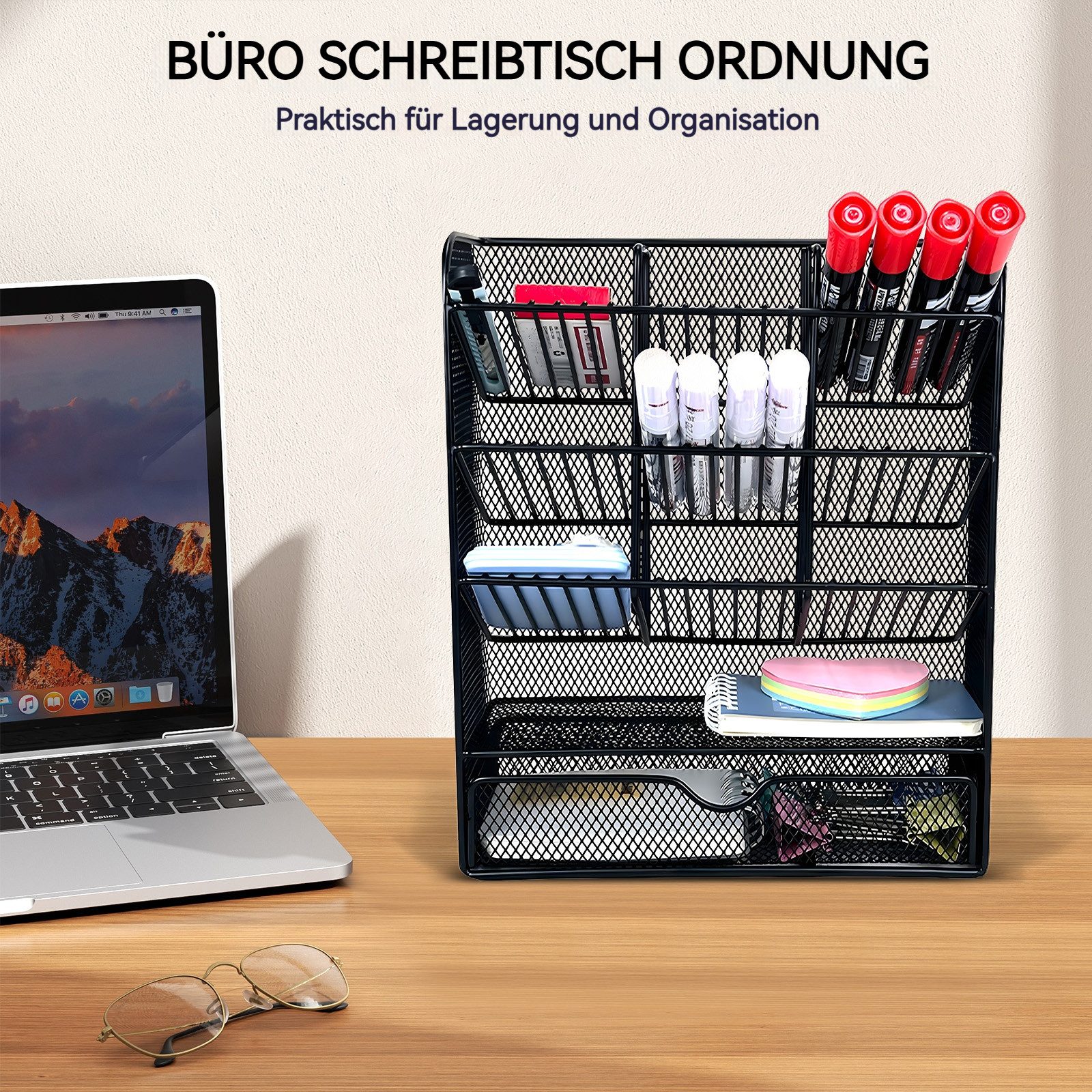 BlingBin Organizer Schreibtisch Organizer für Bürobedarf, mit Schublade (Schubladen-Aufbewahrungsbox für Bürobedarf, Schreibtischaufsatz, 1 St., Multifunktionale Desktop Schreibwaren Stifthalterbox), 9 Fächer Stiftehalter, Stiftehalter Schreibtisch für Schule Heim Büro