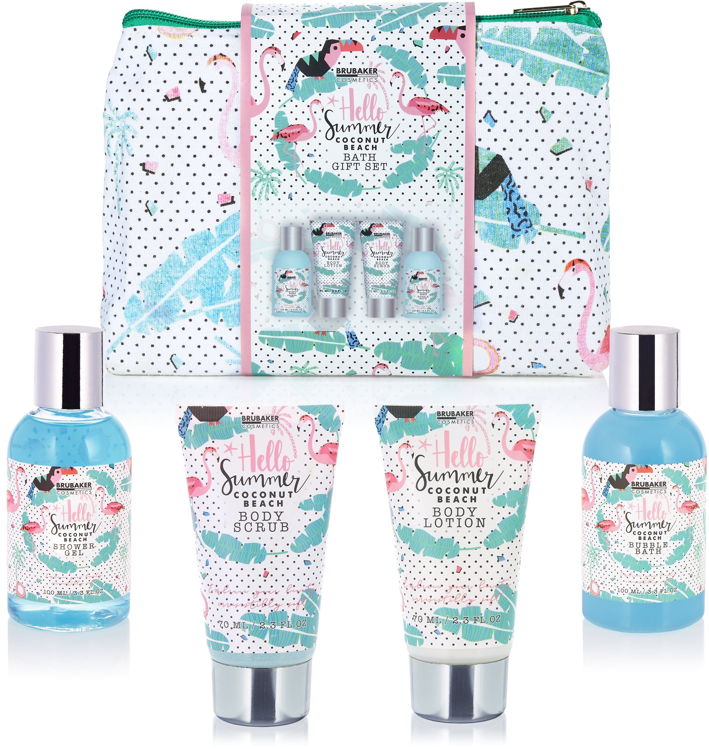 BRUBAKER Hautreinigungs-Set Frauen mit Geschenkset Set, und Flamingo Badeset Beauty Kulturtasche, Pflege mit Sommer Dusch Kokosnuss Bade- Duft 5-tlg