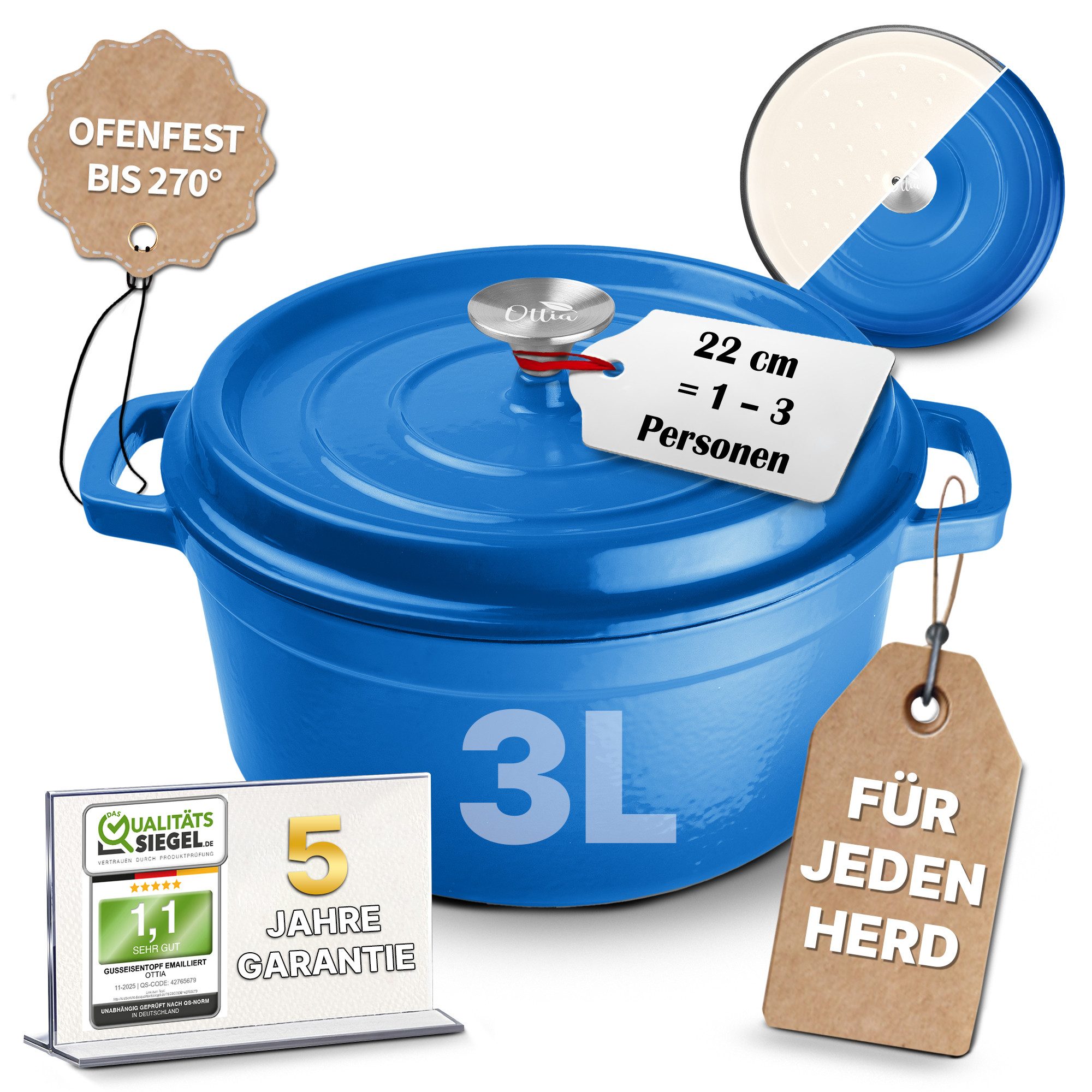Ottia Schmortopf Gusseisen Topf, Brottopf, Bräter, Größen Ø22-28cm, alle Herdarten, Gusseisen, 3-lagige Emaille (22cm / 3L, inkl. E-Rezeptbuch und Garantie), Händler aus Hamburg