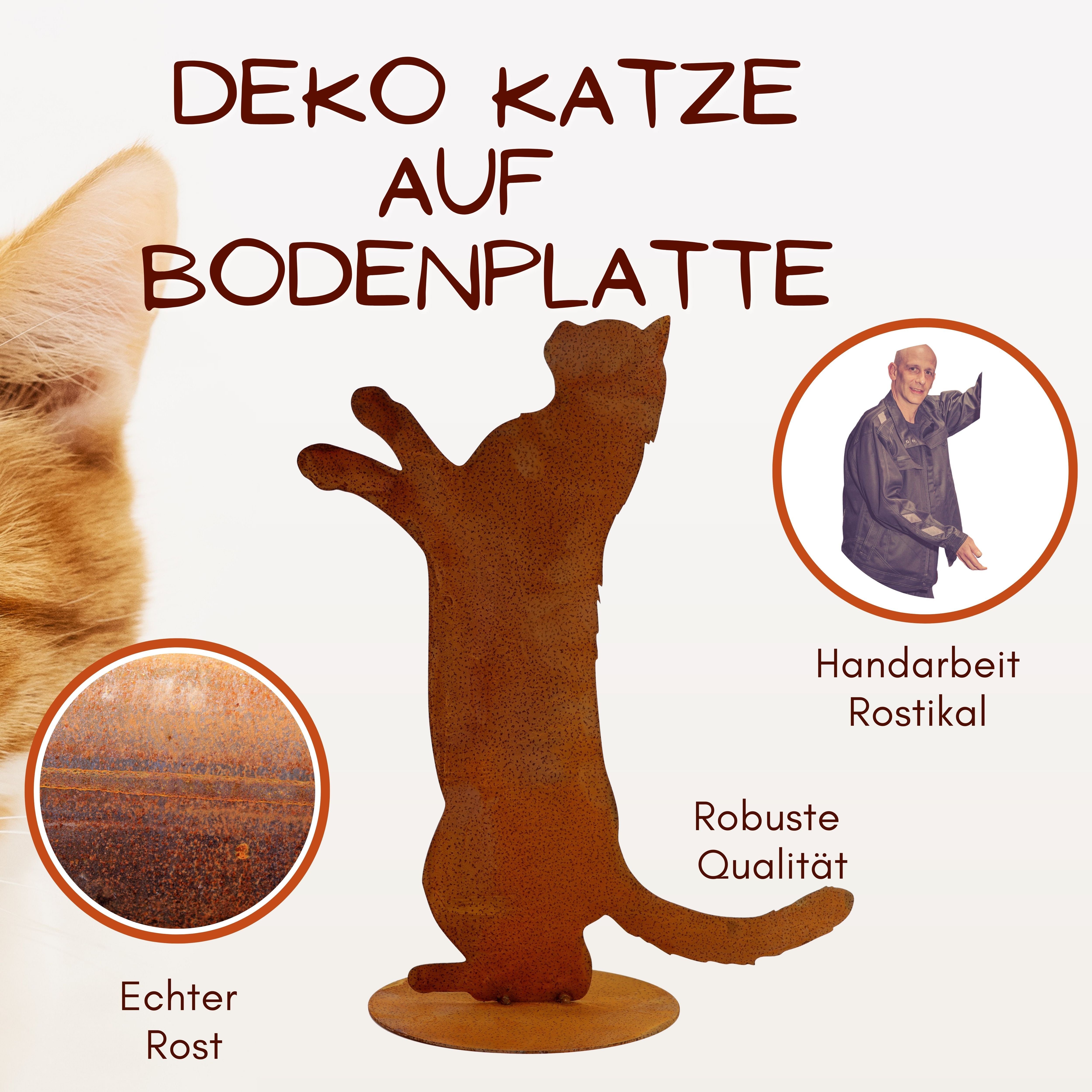 Rostikal Gartenfigur Katze Rostfigur 40×39 cm - Metall Deko stehend auf runder Bodenplatte, (1 St), Große Metallkatze mit Edelrost – aufrecht, rustikal, für Gartenfans