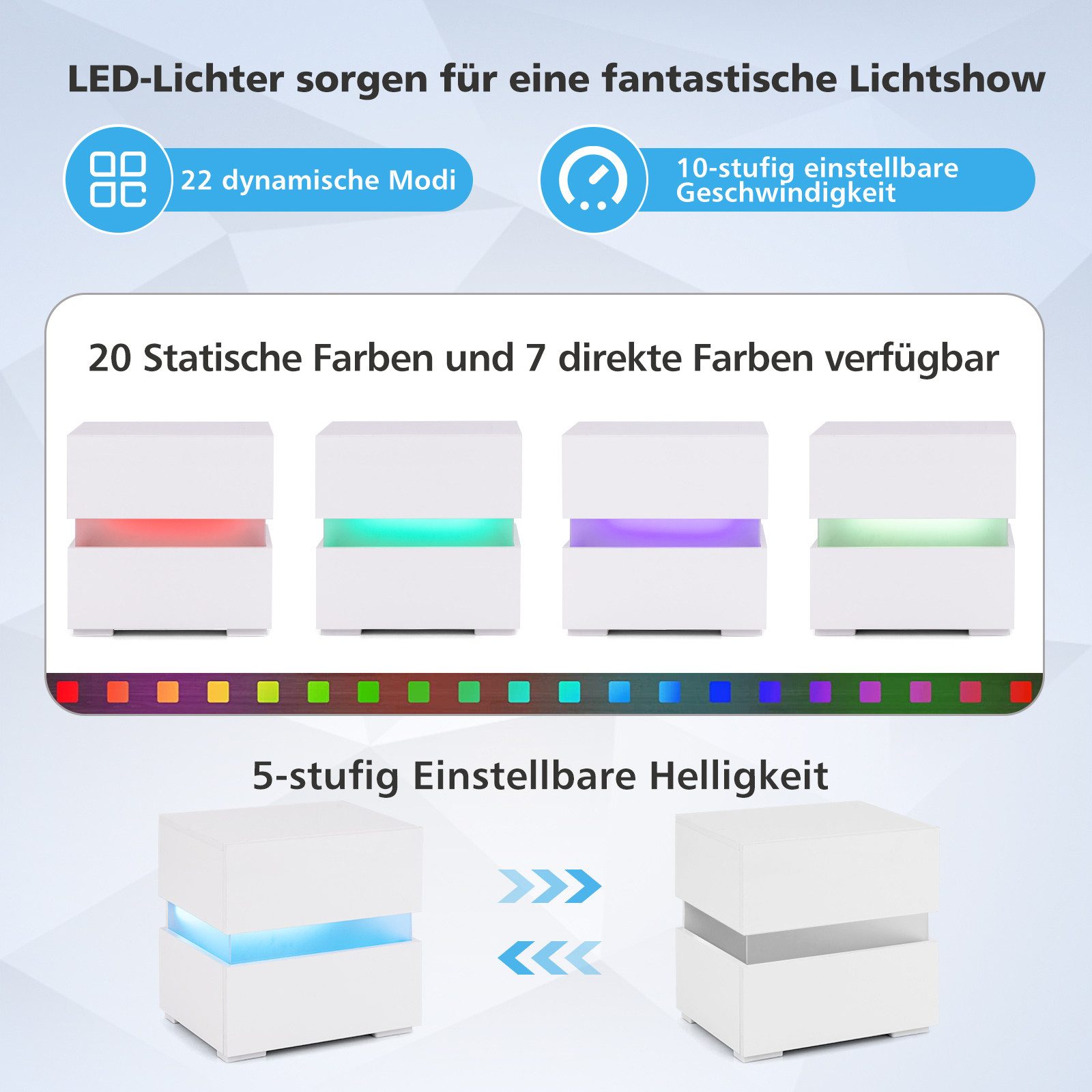 COSTWAY Nachttisch (2-St), mit LED Beleuchtung, Fernbedienung, 20 Farben, Hochglanz