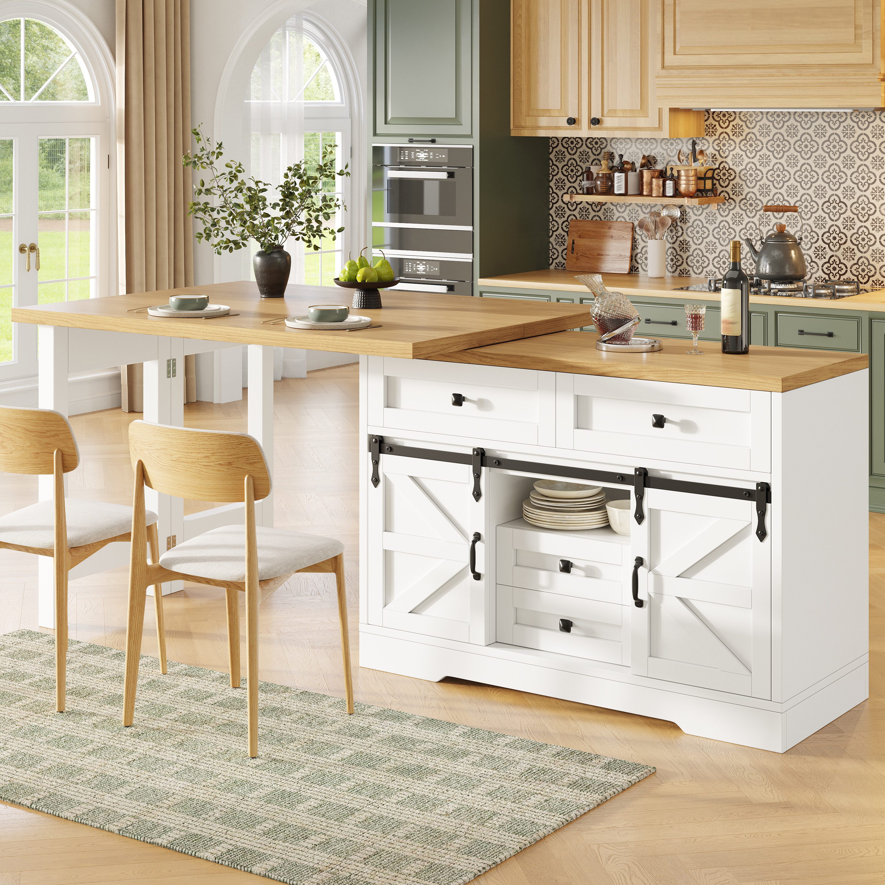 Flieks Kücheninsel mit 360° drehbarer und klappbarer Esstisch, Schiebetüren Landhausstil, (Holzoptik Tischplatte Tiefe 40-80cm, Längenverstellbar 120-197 cm), ausziehbarer Esstisch & Mehrzweckschrank mit versteckten Schubladen