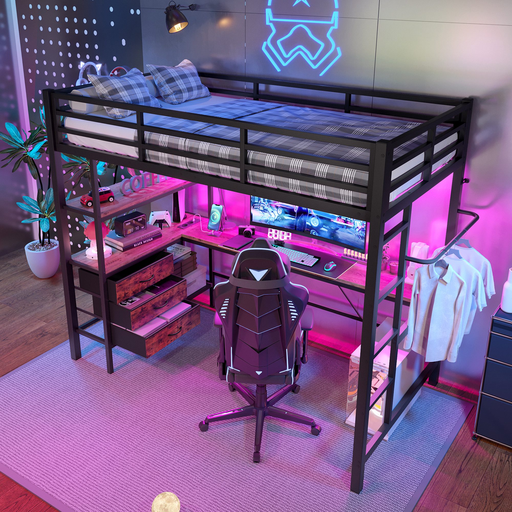 HAUSS SPOLE Hochbett 90x200cm mit Ambientelicht, Schreibtisch, Steckdose+US günstig online kaufen