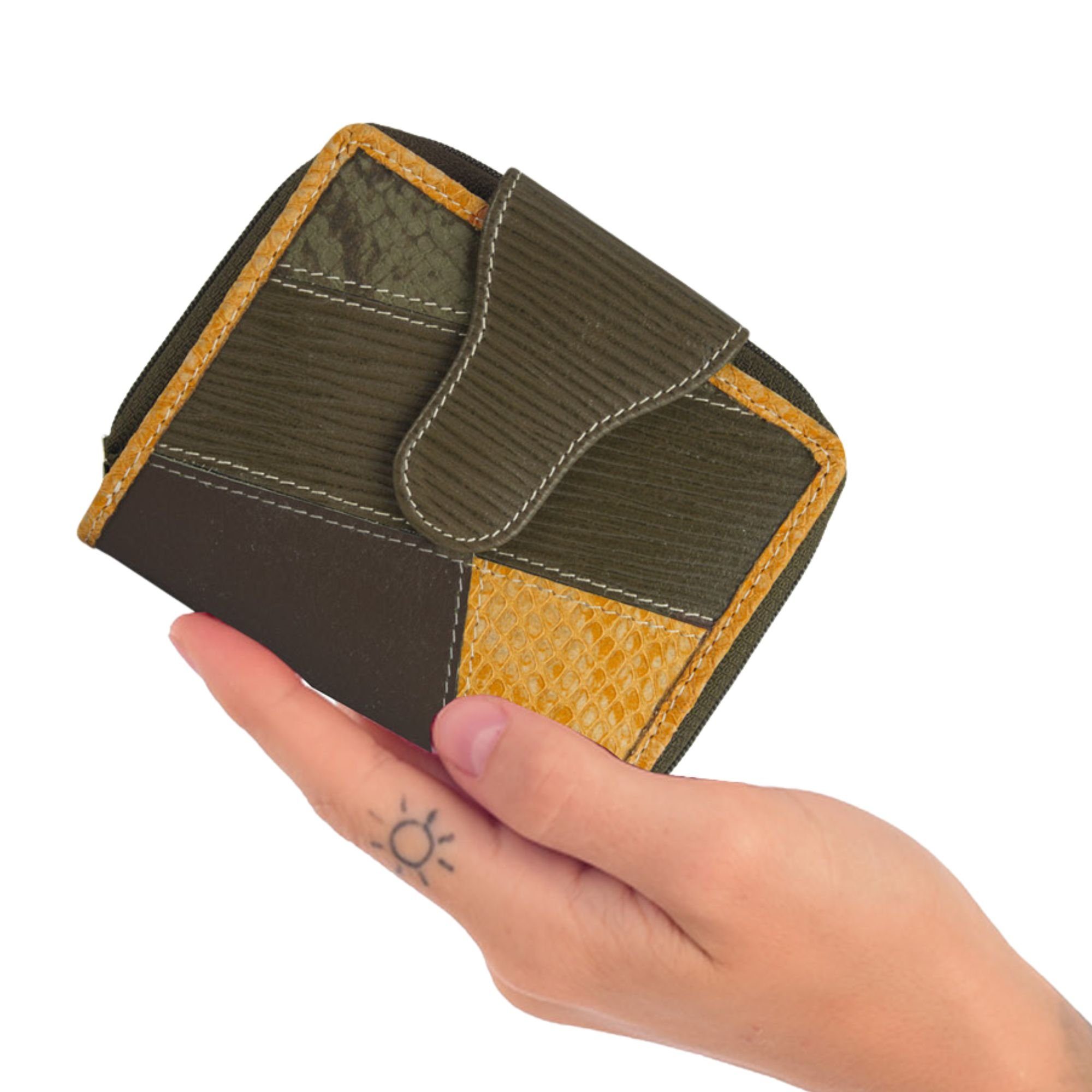 Damen Sunsa aus Leder, echt Brieftasche, Khakigrün Portemonnaie Leder echt Geldbeutel RFID-Schutz Geldbörse Geldbörse Lederresten, recycelten mit