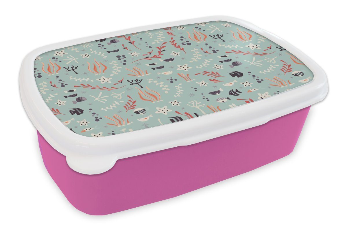 MuchoWow Lunchbox Unterwasser - Pflanzen - Meerestiere - Muster, Kunststoff, (2-tlg), Brotbox für Erwachsene, Brotdose Kinder, Snackbox, Mädchen, Kunststoff rosa