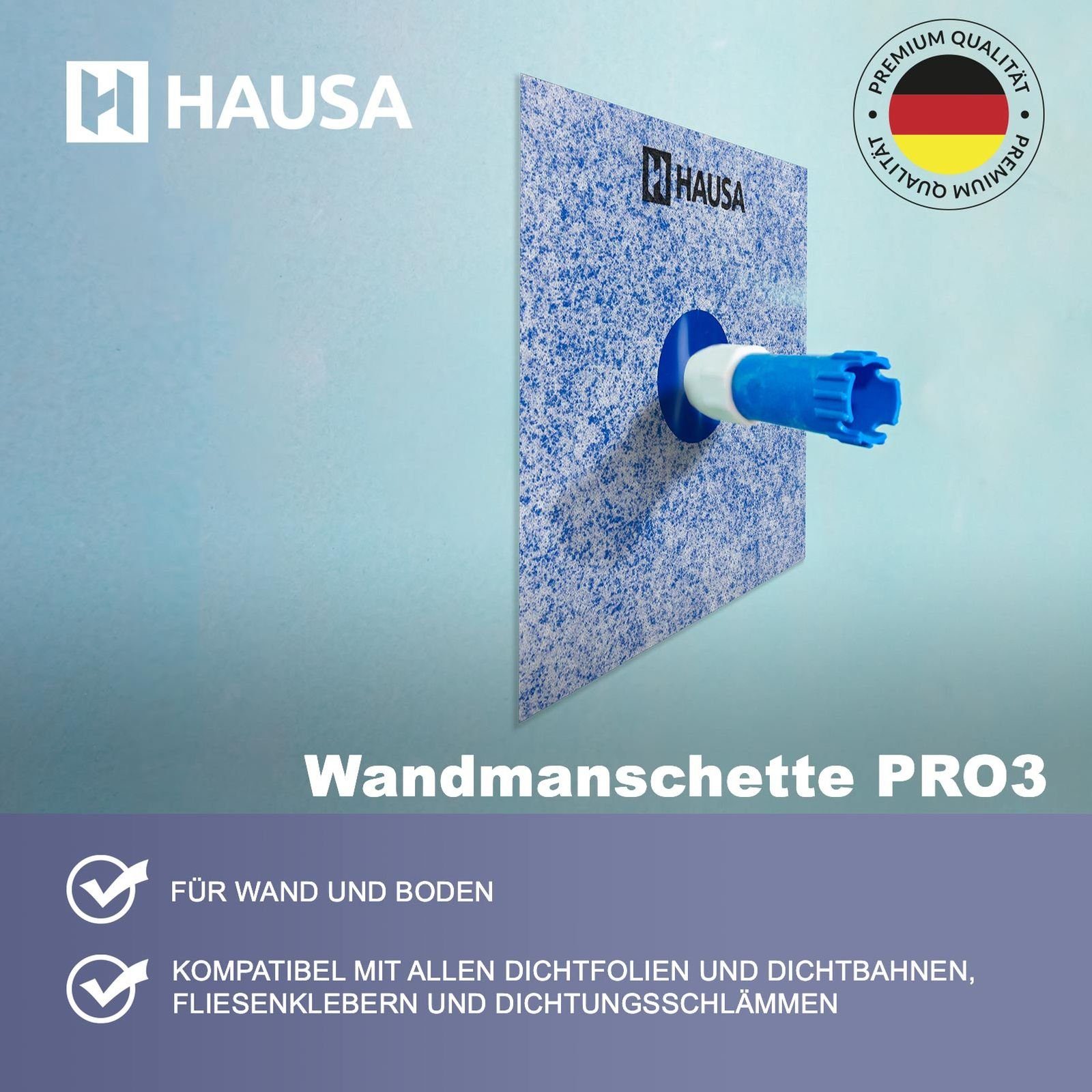 Hausa Dichtmanschette Wandmanschette 120mm x 120mm, (wasserfeste Abdichtung unter Fliesen elastische Manschette, 1-tlg., für Rohr Ø 11/16mm), mit Flüssigfolie dauerhafte Rohrabdichtung für Sanitär Bad Dusche