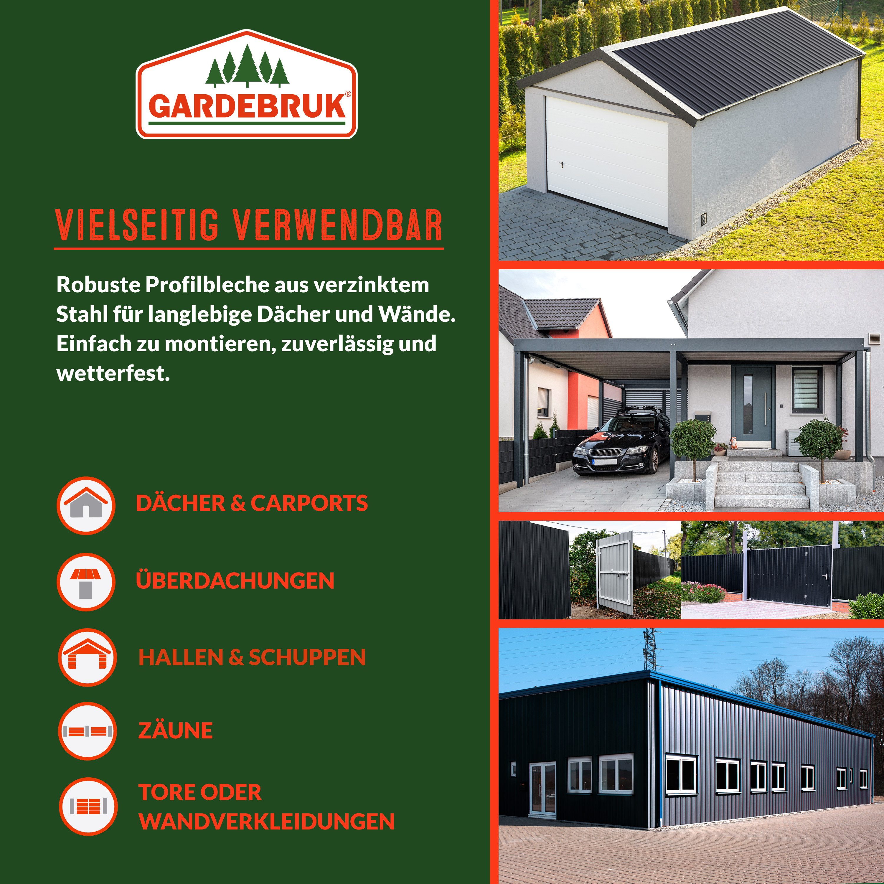 Gardebruk Gerätehaus, BxT: 46x129 cm, 24x Trapezblech 129x46cm = 14m² Verzinkt Rostresistent Wetterfest