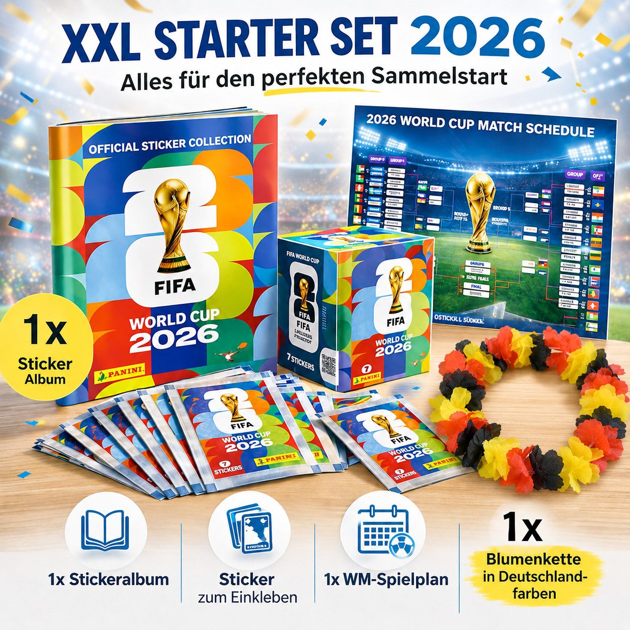 TK Gruppe Stickerbuch WM 2026 Panini-Sammelset mit Spielplan und Deutschland-Blumenkette – Bild 5 von 5