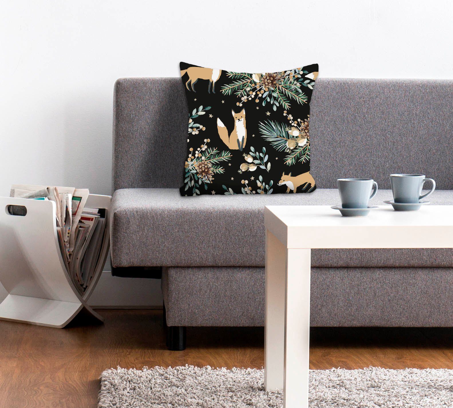 queence Dekokissen Alice, Kissenhülle,Füchse,Tier,Tiermotiv,Blumen,Schwarz,Minimalistisch,Natur