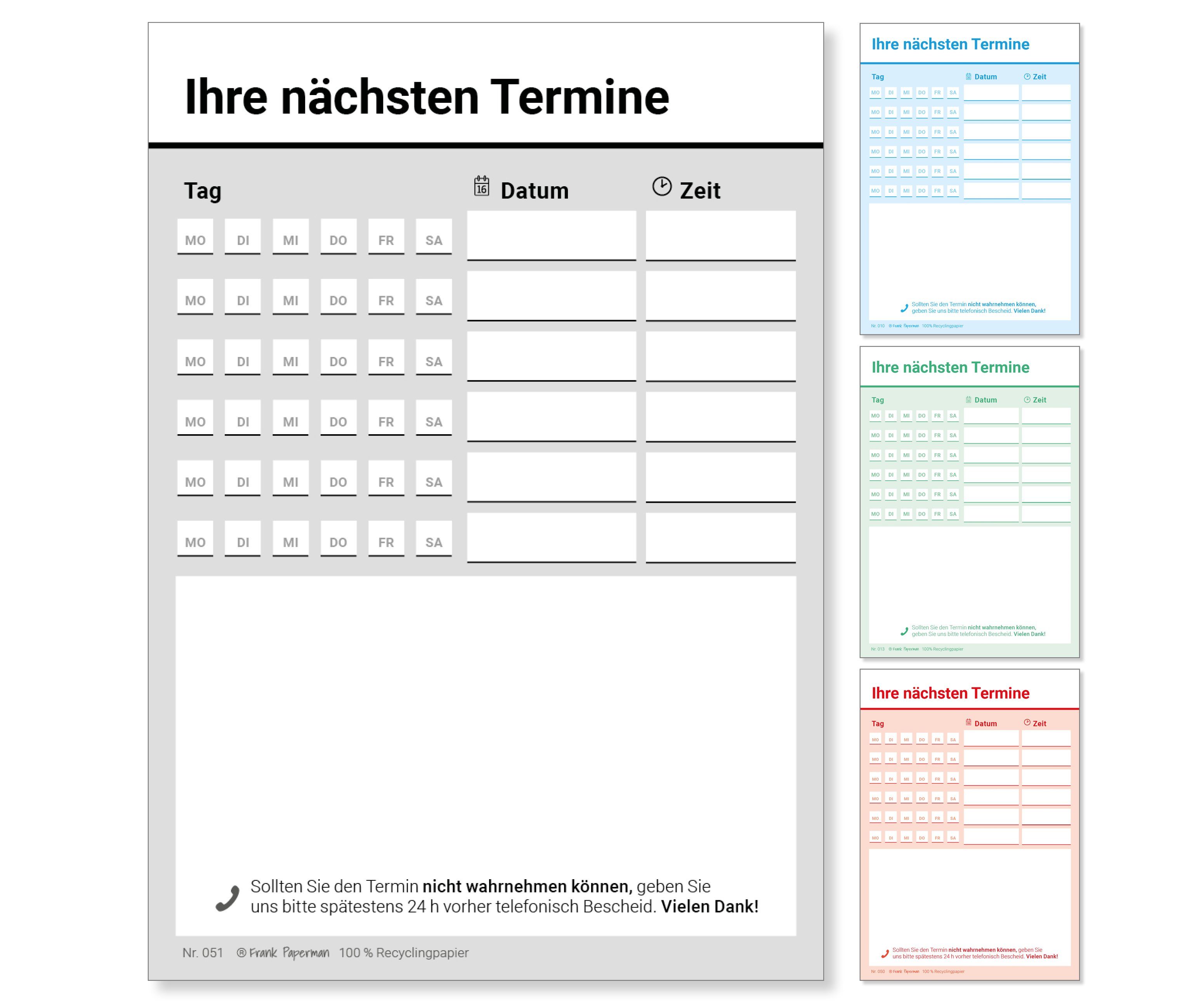 Frank Paperman Terminplaner, 600 Terminzettel, 12 x Terminblock à 50 Blatt, 6 Termine, für Ärzte, Heilpraktiker, Physio, Massage, Studios u.v.m.