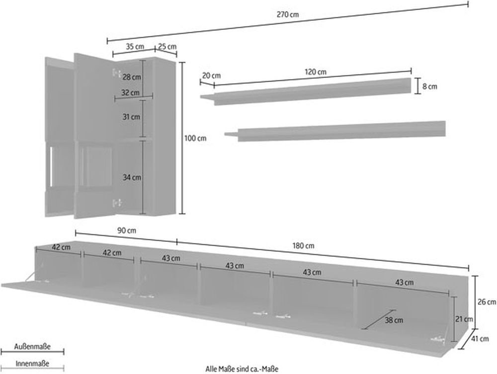 Athens, 2 2 270 Lowboards B/T/H: Hängeschranke / - 2 variabel Wandregale), Wohnwand / 41 Helvetia (Set, - cm cm