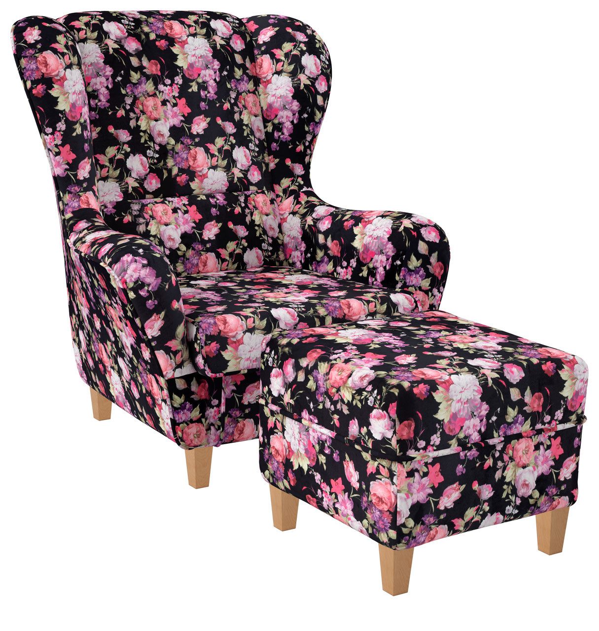 Supellex Ohrensessel Sofia Relaxsessel mit Hocker – Samt-Velours Rosen