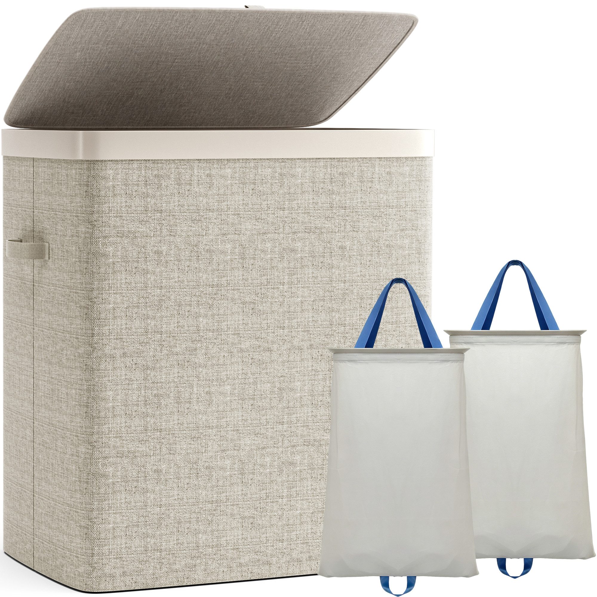 Hausright Wäschekorb 100L mit Deckel, 2 Fächer, herausnehmbare Wäschesäcke, faltbar, 56 × 40 × 67 cm, Farbtrennung, Tragegriffe, einfache Montage
