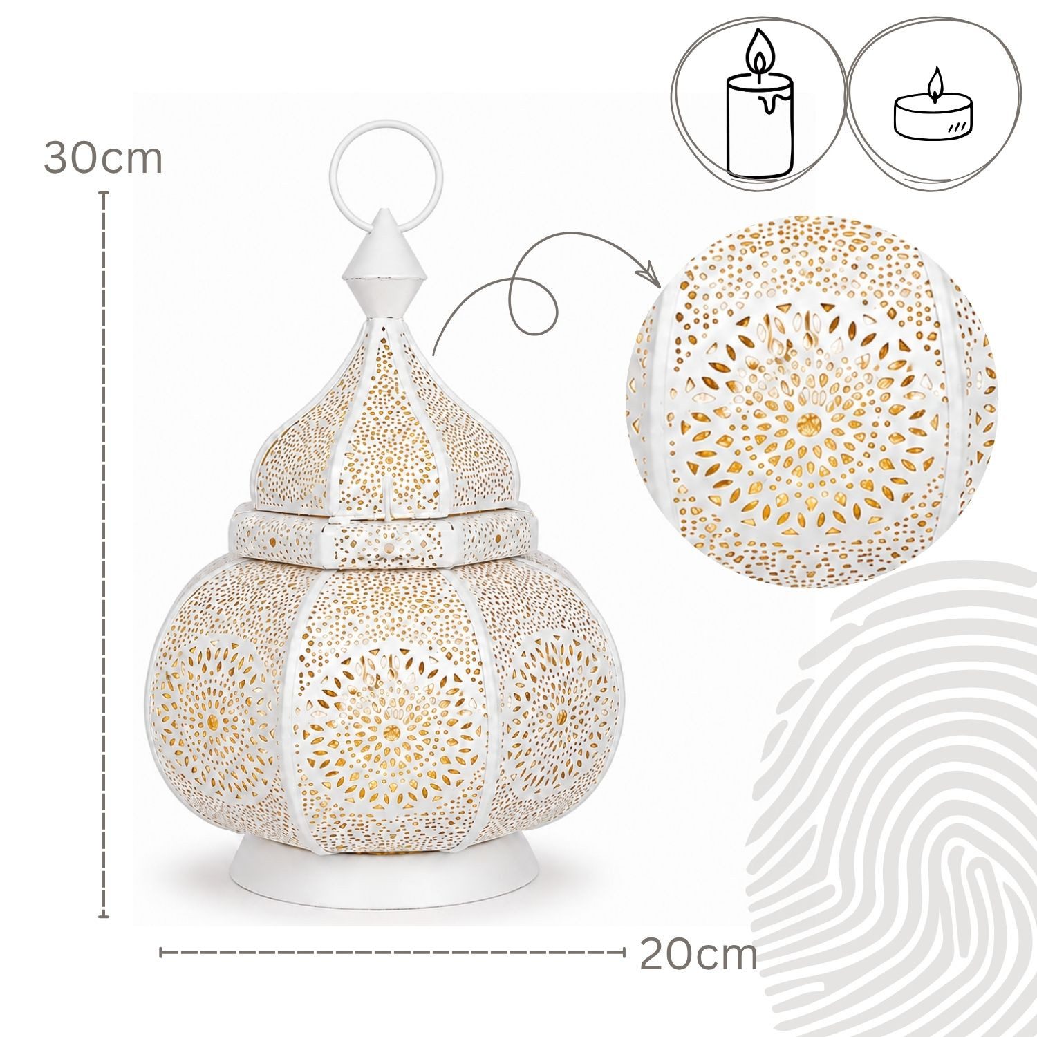 Marrakesch Orient & Mediterran Interior Kerzenlaterne Laterne mit orientalischem Design, aus Metall gefertigt, in Weiß 30 cm (1 St), Handarbeit – Bild 3 von 5