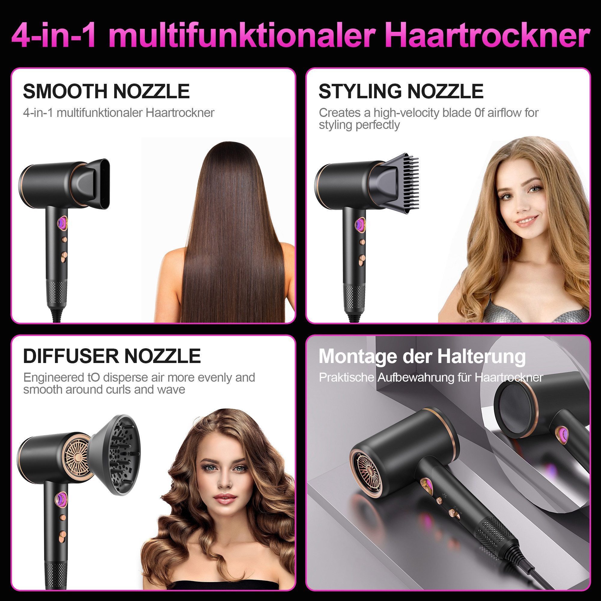 AURIVION Haartrockner Ionen Haartrockner 2400W mit AC Motor & 3 Stylingdüsen, 2400 W, Profi Föhn mit 3 Düsen & Ionen Technologie, Klappbarer Profi Föhn für schnelles Styling & Reisen