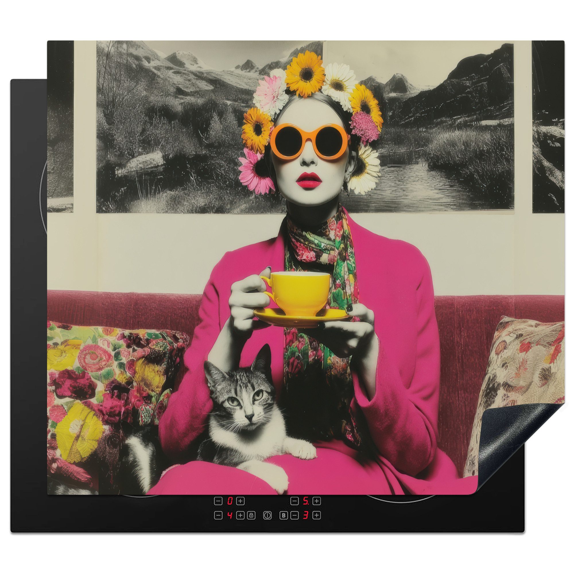 MuchoWow Herd-Abdeckplatte Frau - Katze - Blumen - Tasse - Retro, Vinyl, (1 tlg), Abdeckplatte für Ceranfeld, Herd Inductionsmatte, 60x50 cm