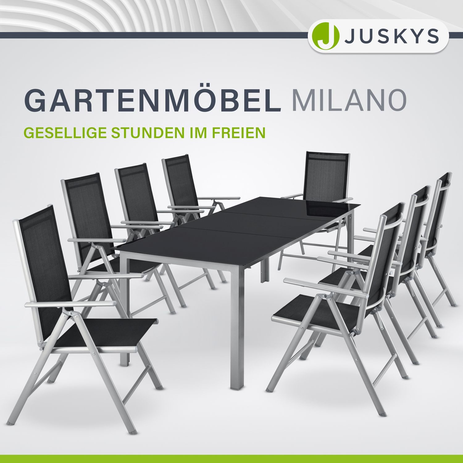 Juskys Garten-Essgruppe Milano, (9-tlg), 8 Gartenstühlen plus Tisch - Stühle klappbar und verstellbar