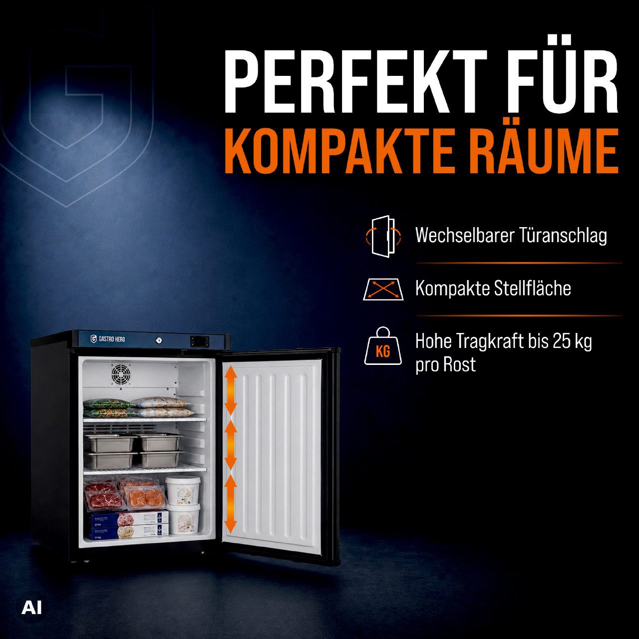 GastroHero Gefrierschrank Lagertiefkühlschrank ECO 200 Schwarz 127 Liter Umluftkühlung LTSE200B, 83.5 cm hoch, 60 cm breit, platzsparende Tiefkühllösung für Bar – Bild 4 von 5