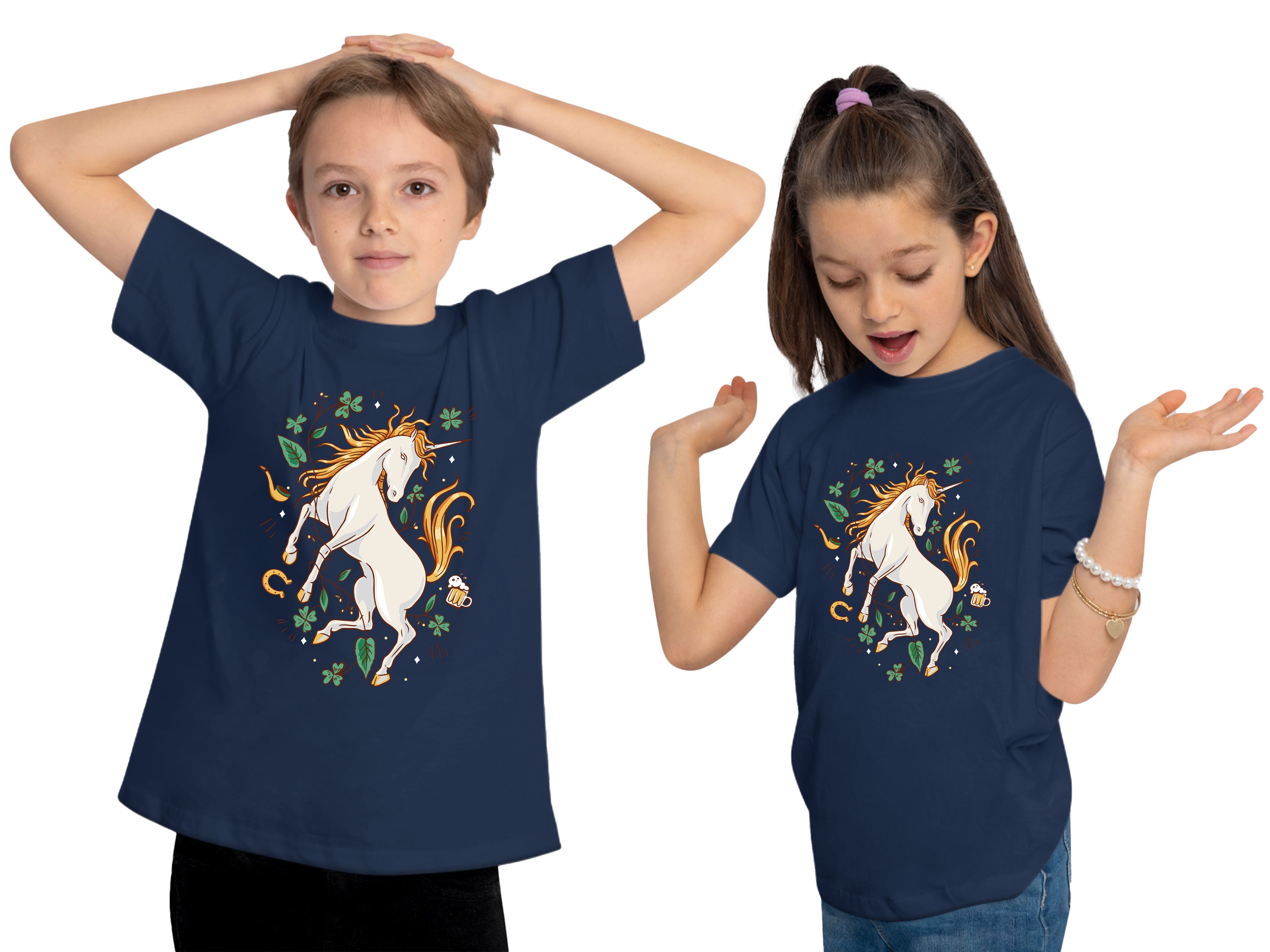 MyDesign24 T-Shirt Kinder Pferde Print Shirt bedruckt - Aufsteigendes Einhorn Kurzarm T-Shirt mit Einhorn Aufdruck i254