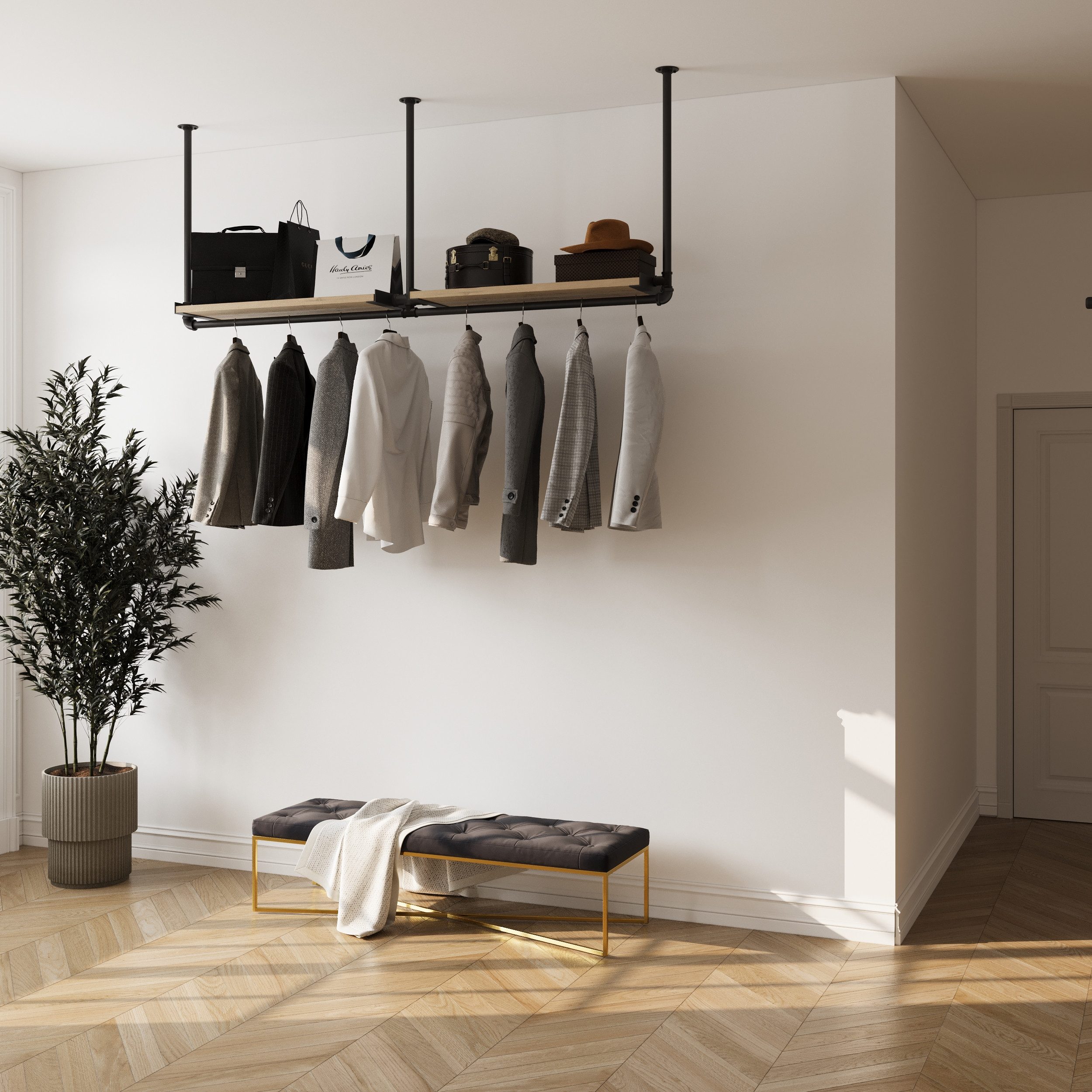 RSR Hangers Garderobenstange Kleiderstange Garderobe "DIEK II" mit Kiefernholablage Deckenmontage