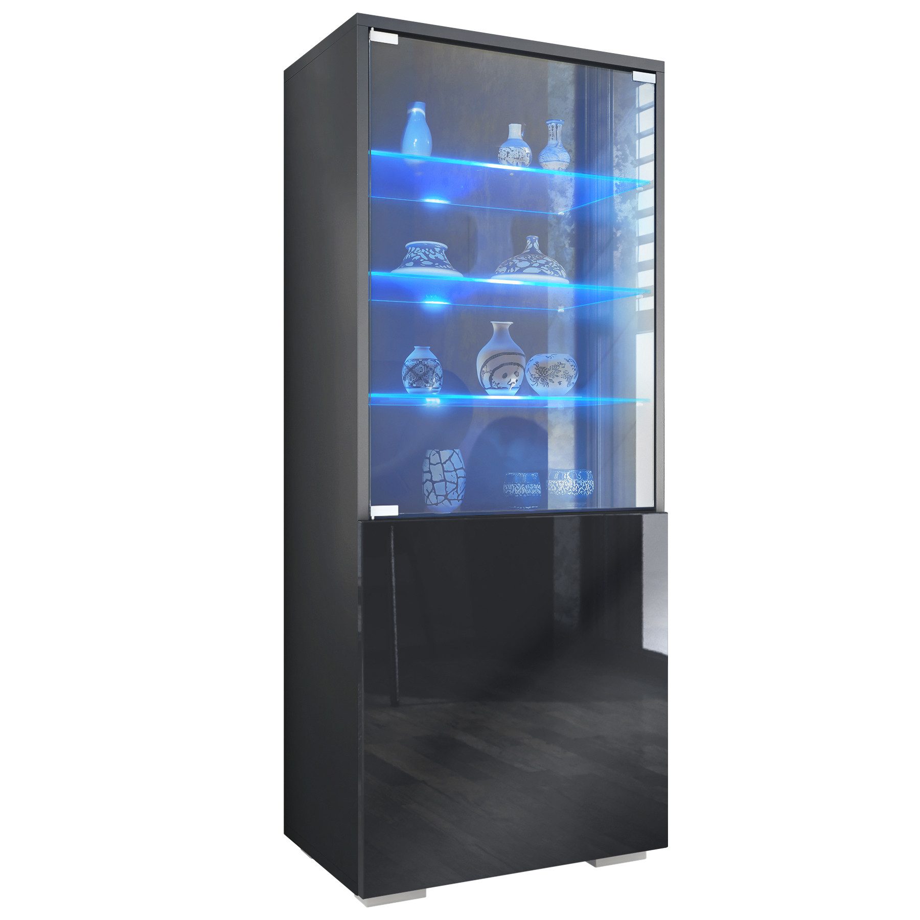 Vladon Standvitrine Granada (Vitrinenschrank, mit Glastür und Glaseinsatz inkl. LED) Anthrazit matt/Schwarz Hochglanz (50 x 122,5 x 34,5 cm)