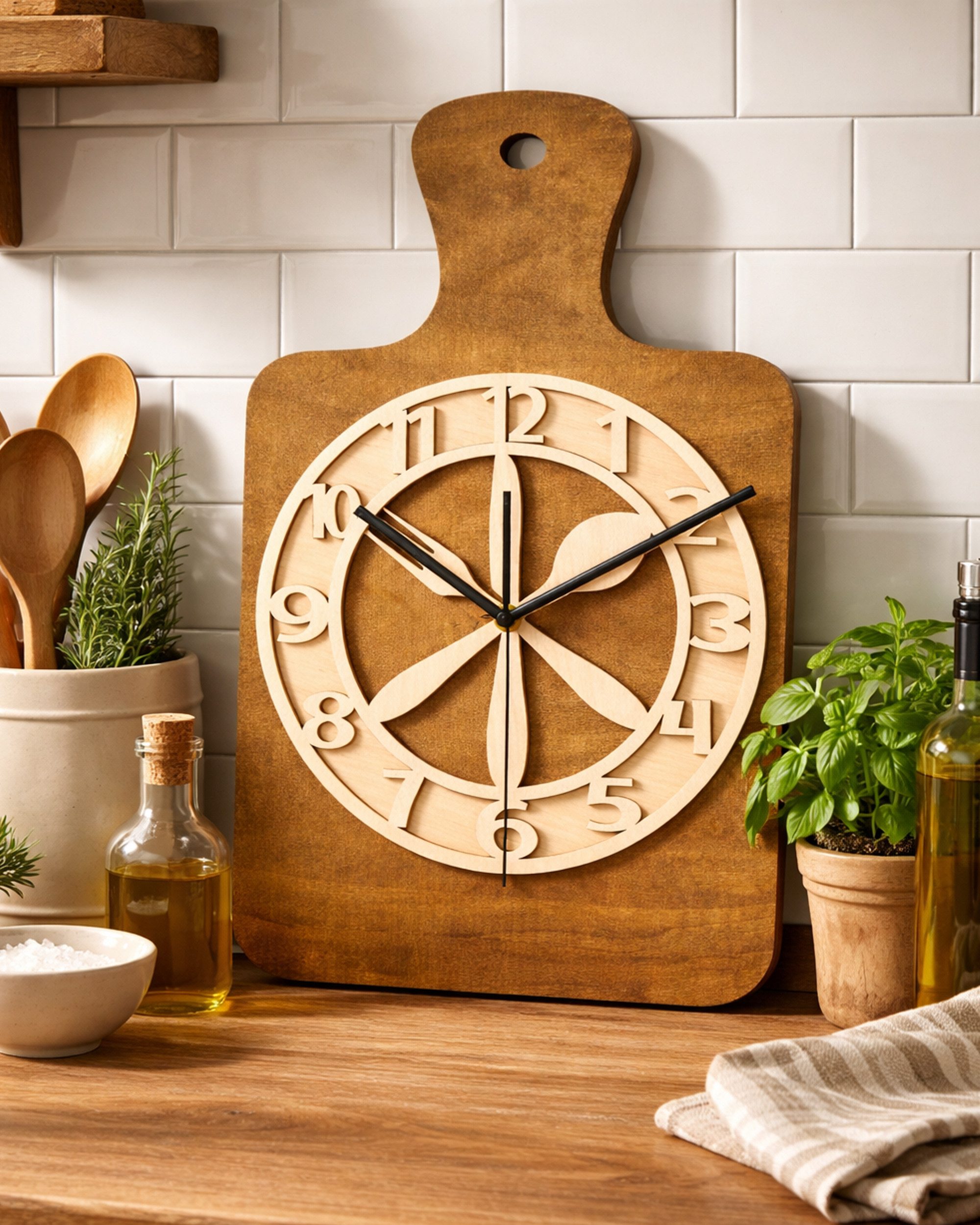 ORNAMENTI Wanduhr Küchenuhr handgefertigte, Schneidebrett, Hingucker Wanddeko, Holz (lautlos, ohne Tickgeräusche für Küche, lesbare Ziffern)