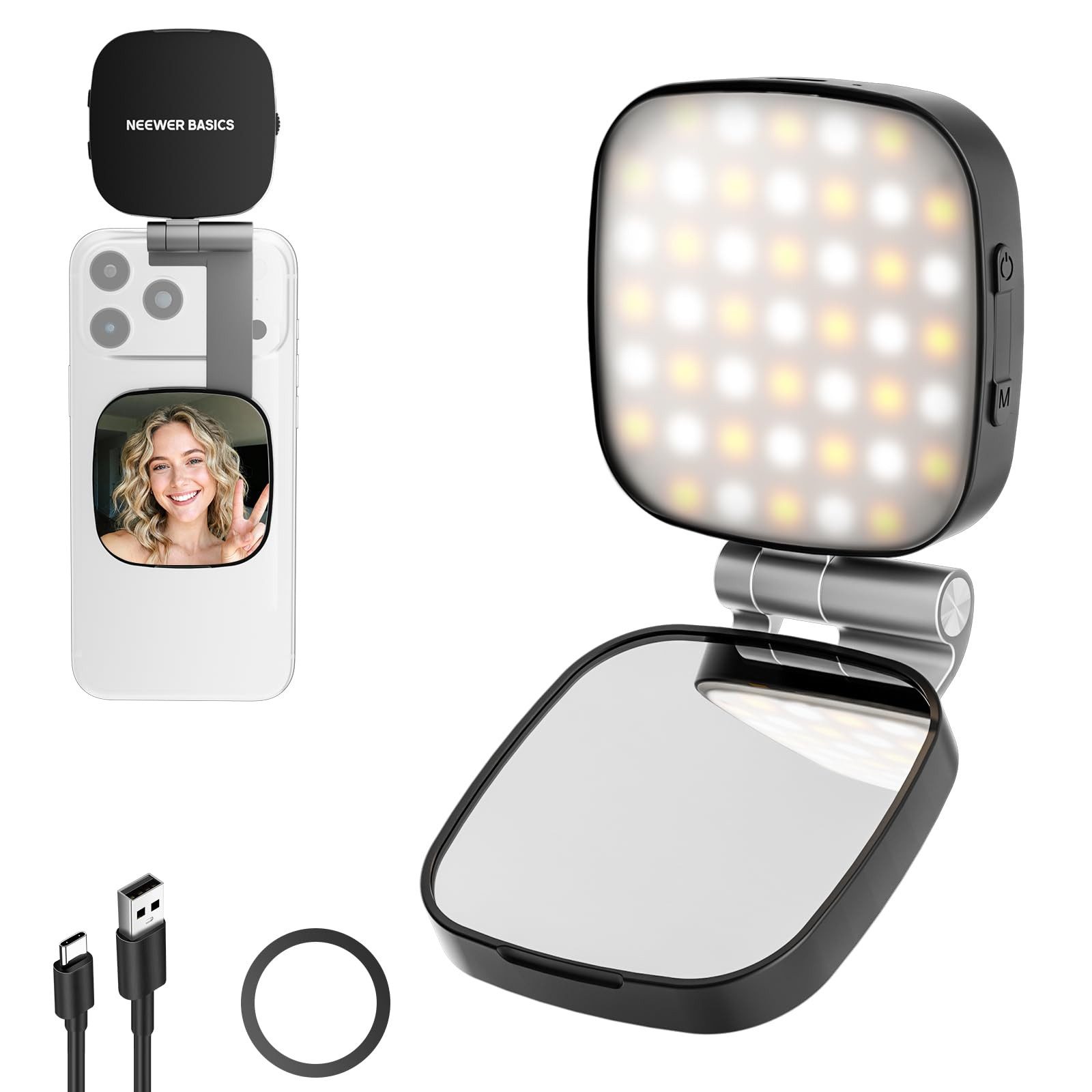 Neewer Videoleuchte NL45B Magnetisches Selfie Licht Handy für MagSafe iPhone, 2W CRI95+, zweifarbiges schwenkbares LED Fülllicht, Spiegel für Vlog Makeup Video