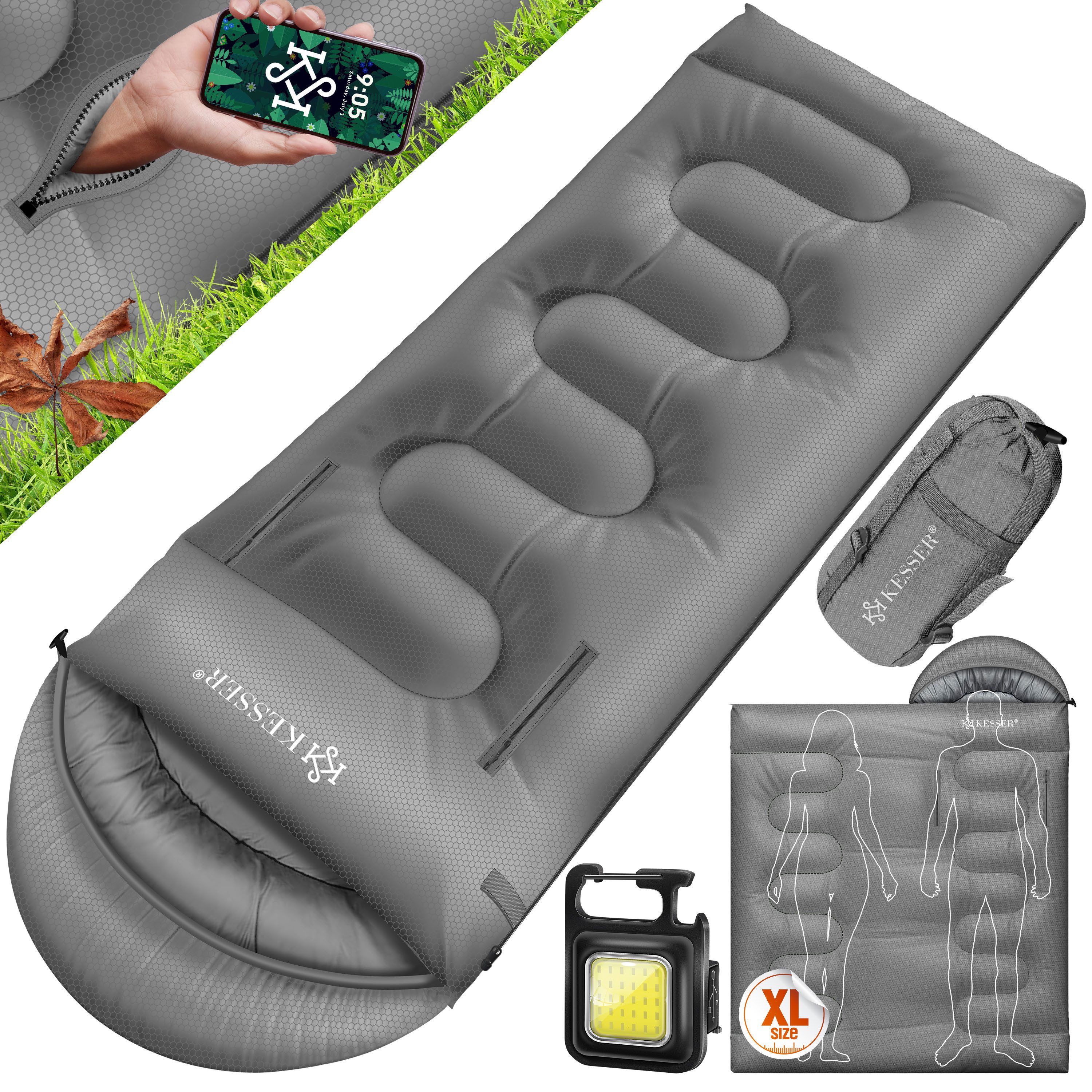 KESSER Deckenschlafsack Camping Schlafsack Outdoor 220x83cm 4 Jahreszeiten (Campingschlafsack inklusive Campinglampe & Seitentasche), für Erwachsene & Kinder Leicht Tragbar Warm & Wasserabweisend