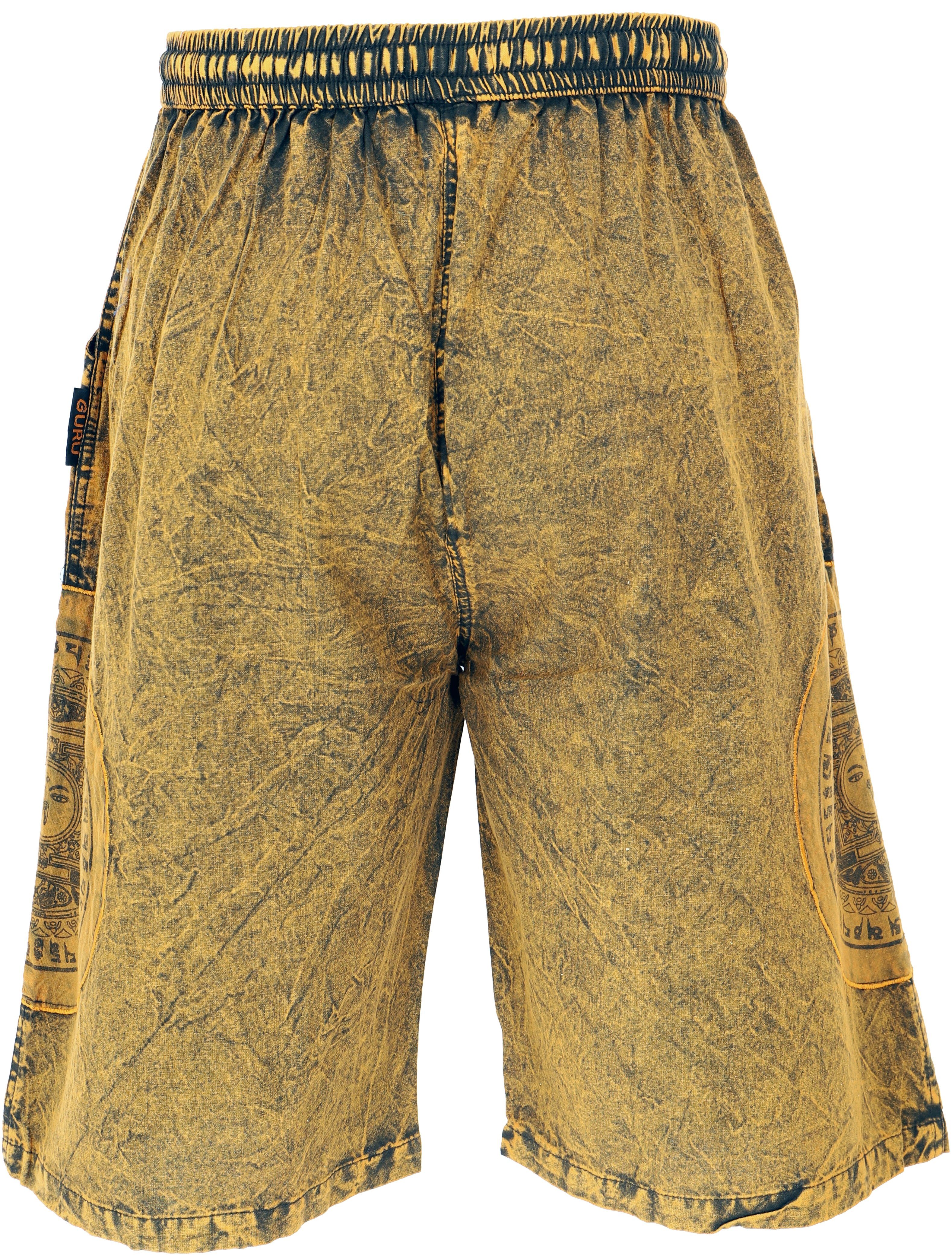 Guru-Shop Relaxhose Ethno Shorts.. Hippie, Stonwasch gelb Patchwork Bekleidung Yogashorts, Ethno alternative Style