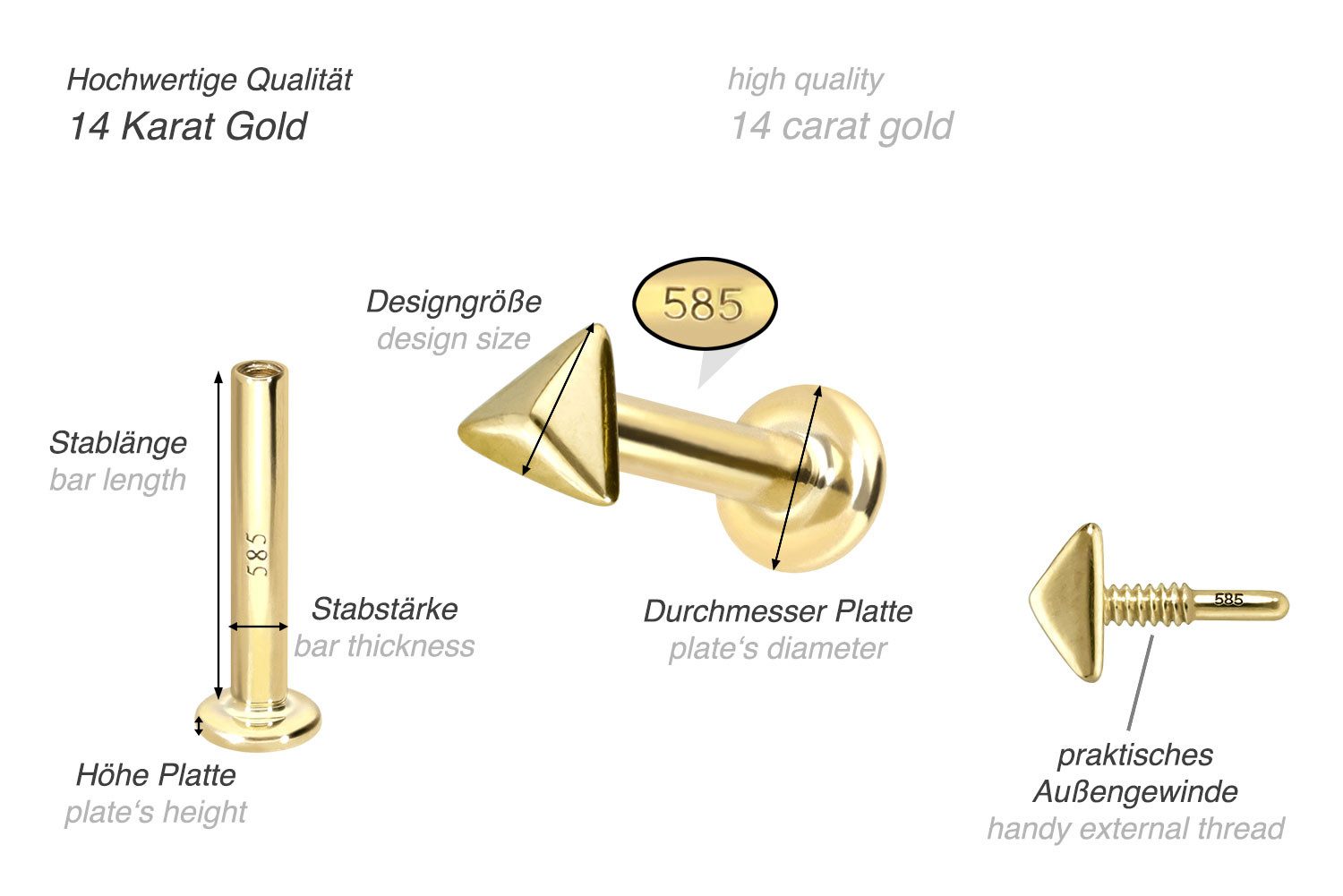 PIERCINGLINE Piercing-Set 14 Karat Gold Labret mit Innengewinde PYRAMIDE (Labrets, 1-tlg)