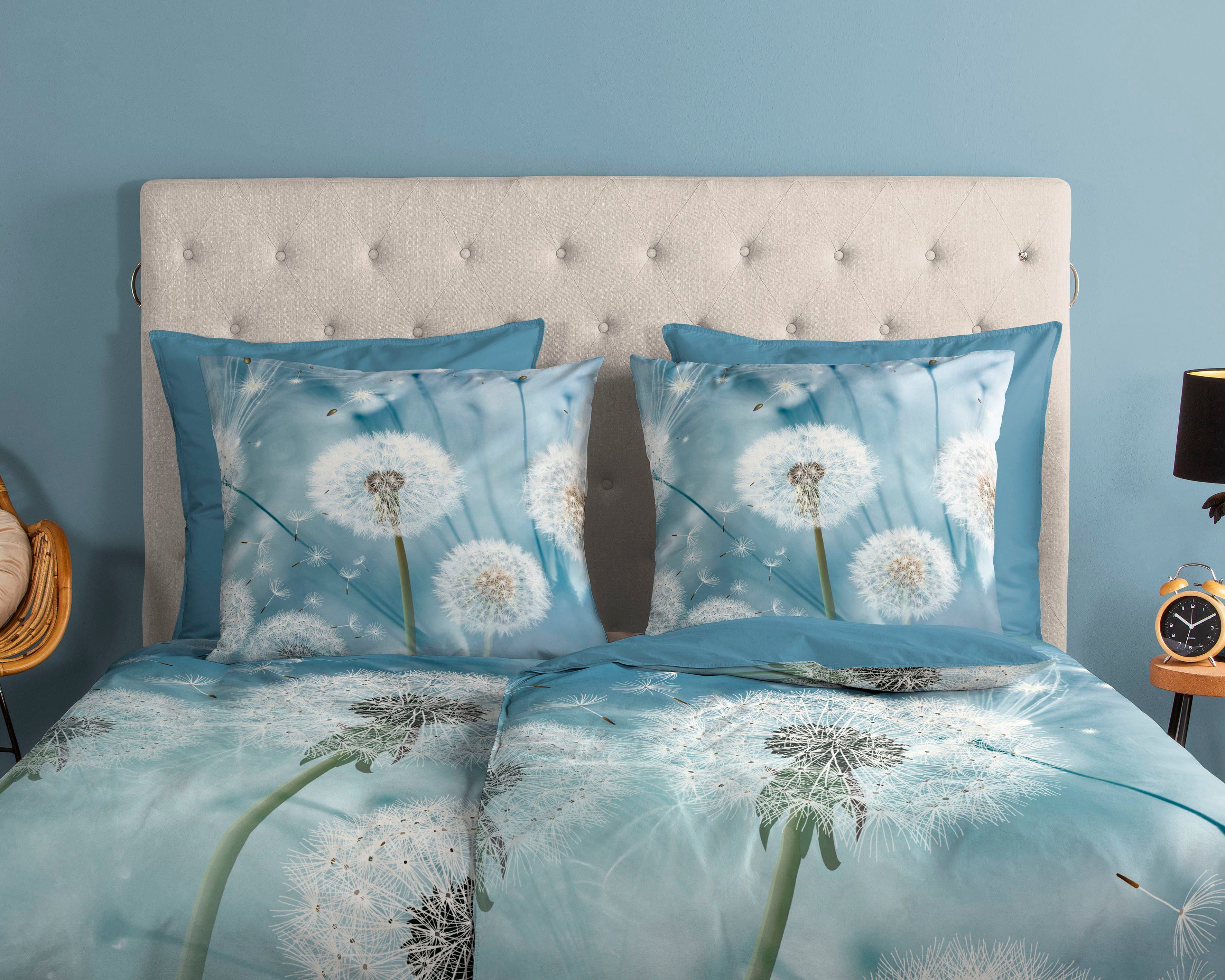 good morning Wendebettwäsche Wishfull, Renforcé, 2 teilig, 100% Baumwolle, 135x200, Reißverschluss, Wendeoptik, Löwenzahn, Blau