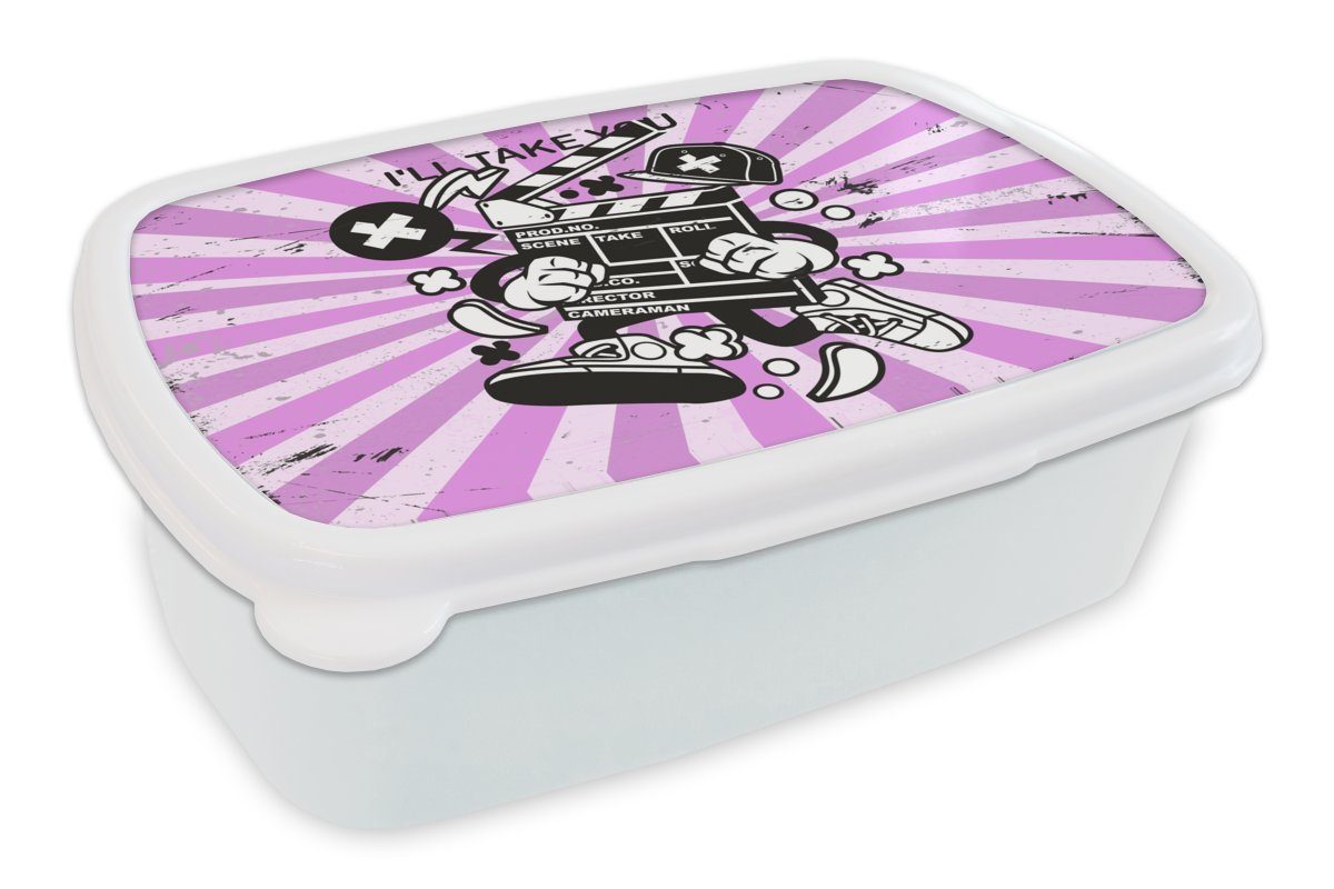 MuchoWow Lunchbox Filmklappe - Schuhe - Retro, Kunststoff, (2-tlg), Brotbox für Kinder und Erwachsene, Brotdose, für Jungs und Mädchen weiß