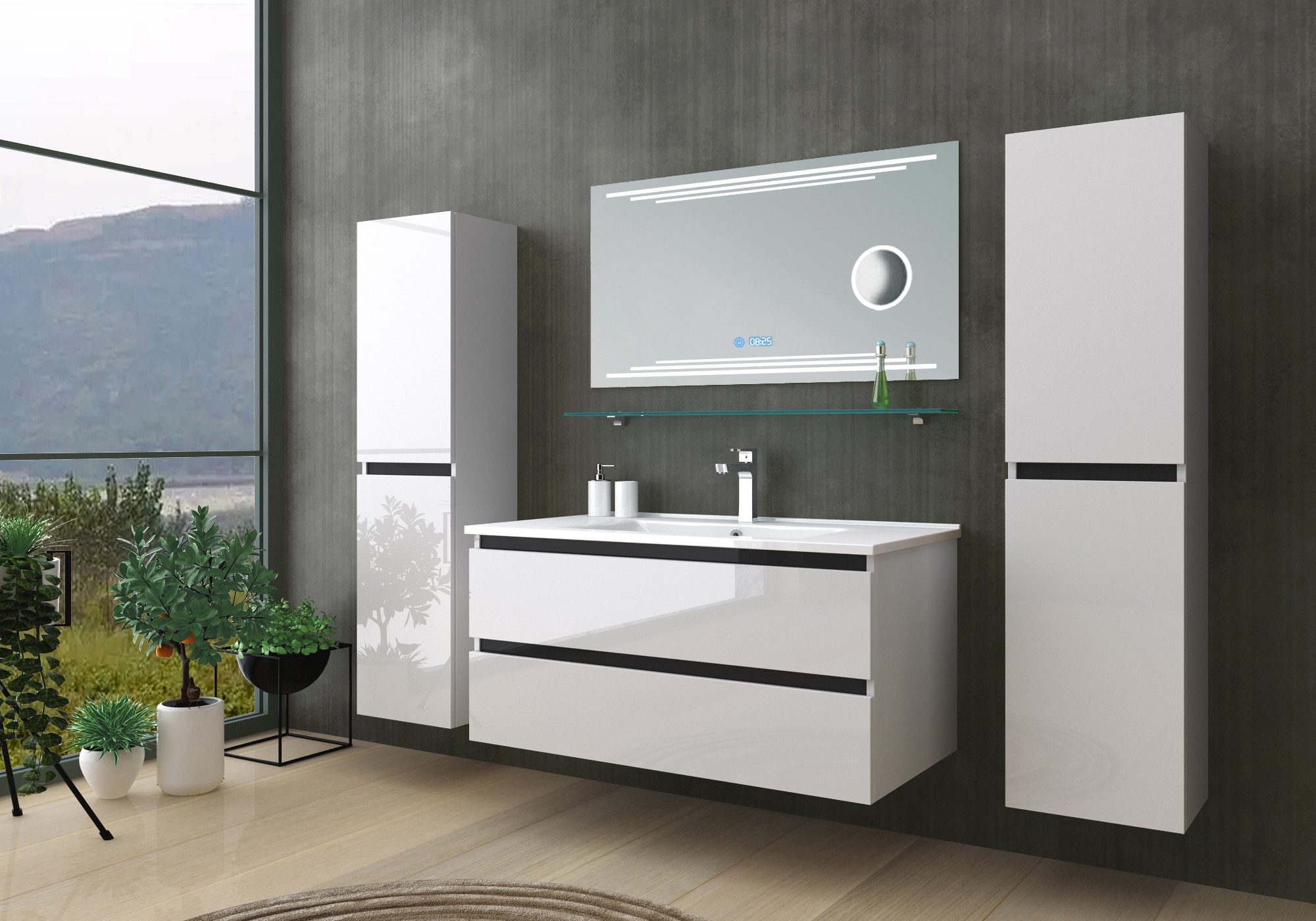 Homeline Badmöbel-Set Badmöbel Set hochschränke Spiegel Kosmetik Keramik Becken Hochglanz, (Komplettes Badmöbel Set, 6-St., Badmöbel Set Schwarz Hochglanz 6 Teilig Badezimmermöbel), Hochglanz Optik Mit 2 Schubladen