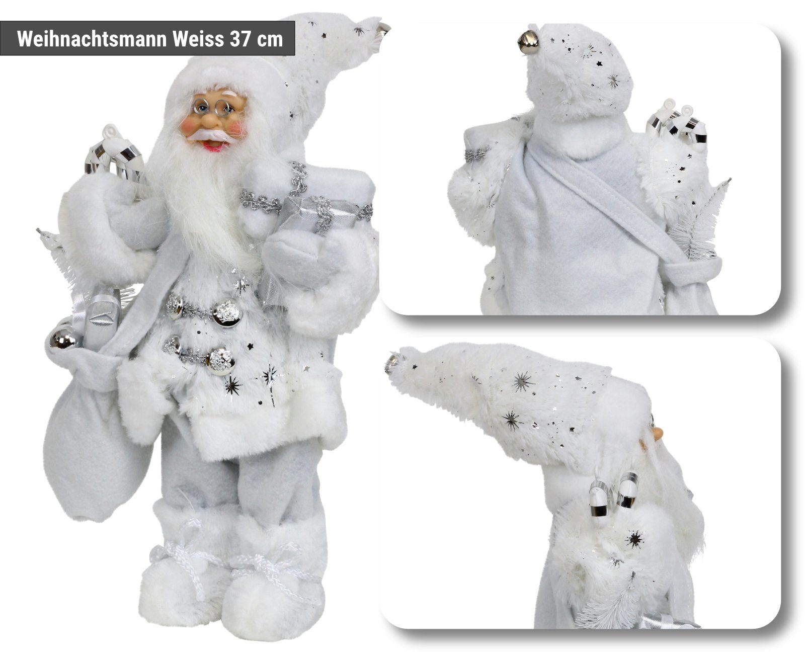 HAGO Weihnachtsfigur Weihnachtsmann Nikolaus Figur stehend mit Geschenkesack Weihnachtsdeko weiß