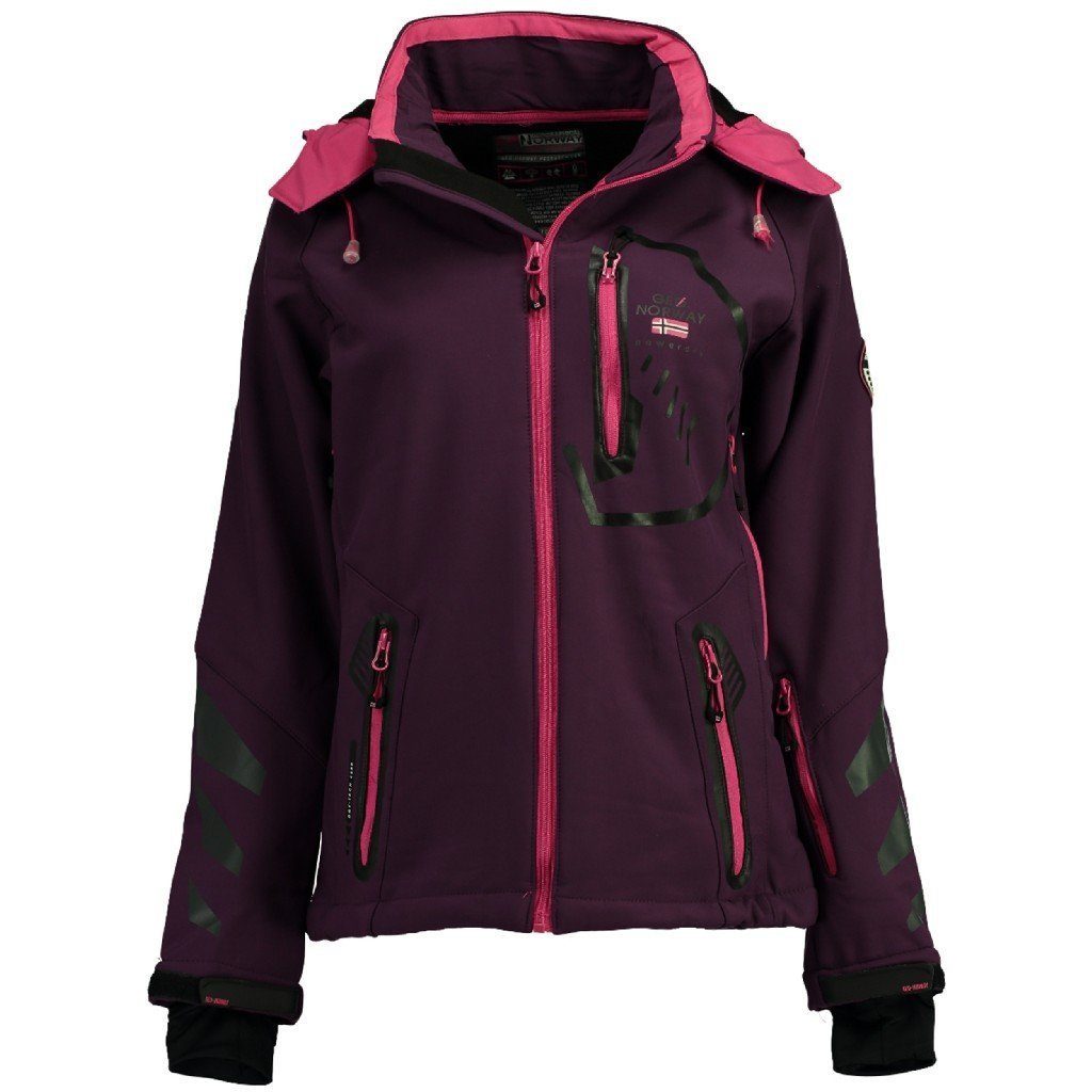 Thea Damen Softshelljacke Lila hochschließender Geographical Jacke, Damen Softshell abnehmbarer Norway Kaputze, Jacke mit Kragen